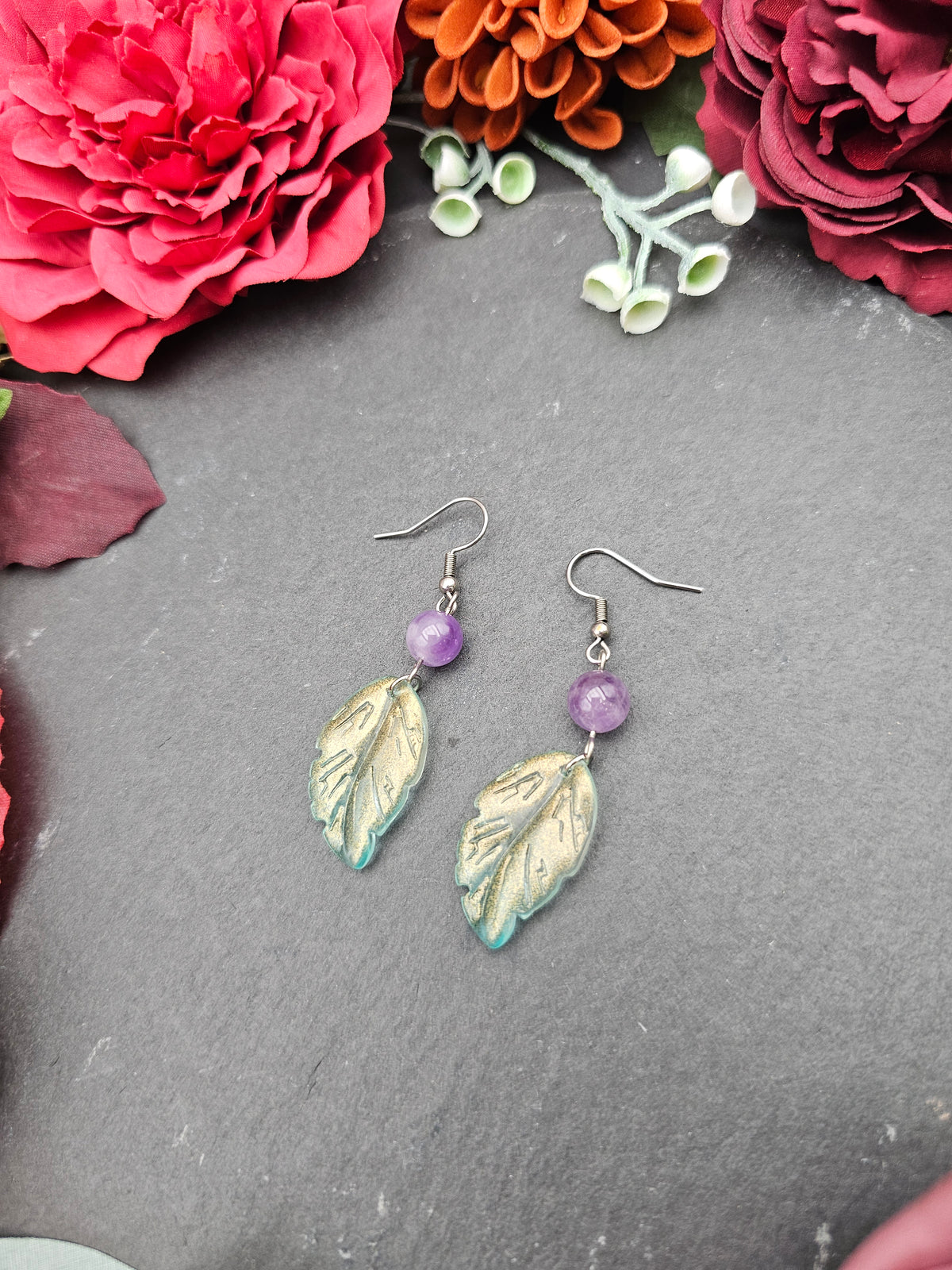 Ohrringe Blätter Grün | Amethyst | Edelstahl