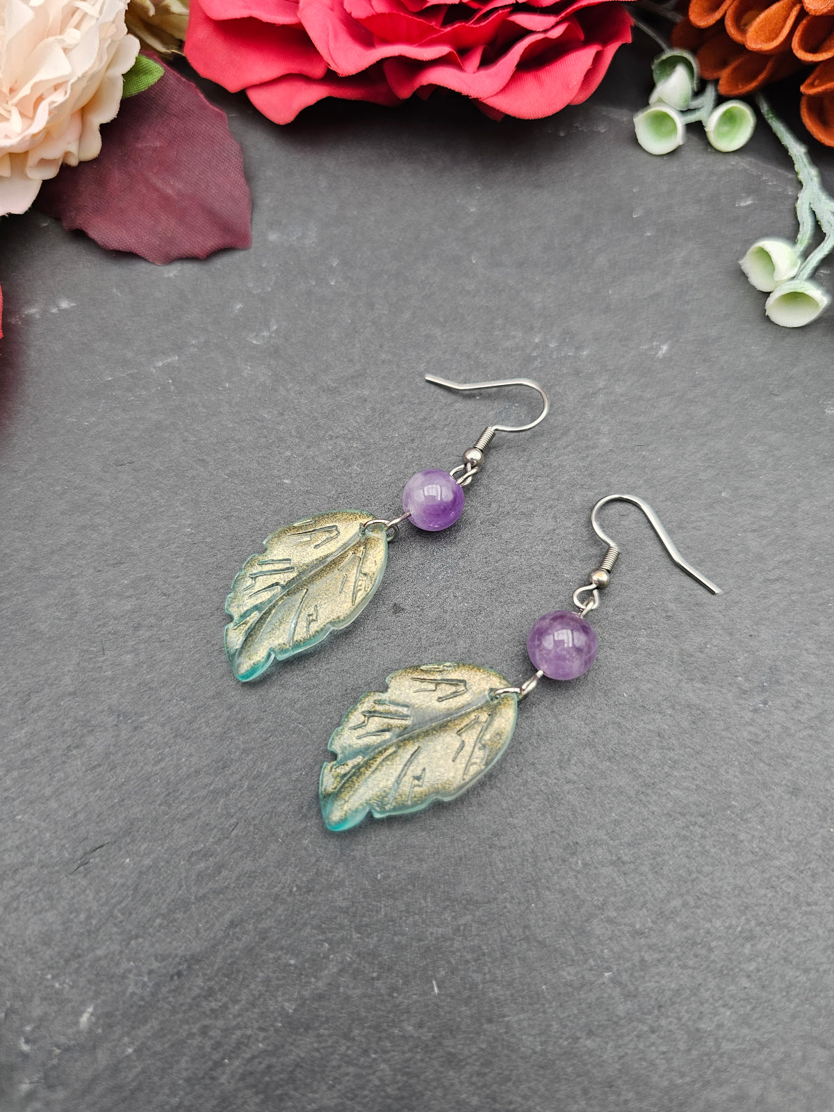 Ohrringe Blätter Grün | Amethyst | Edelstahl
