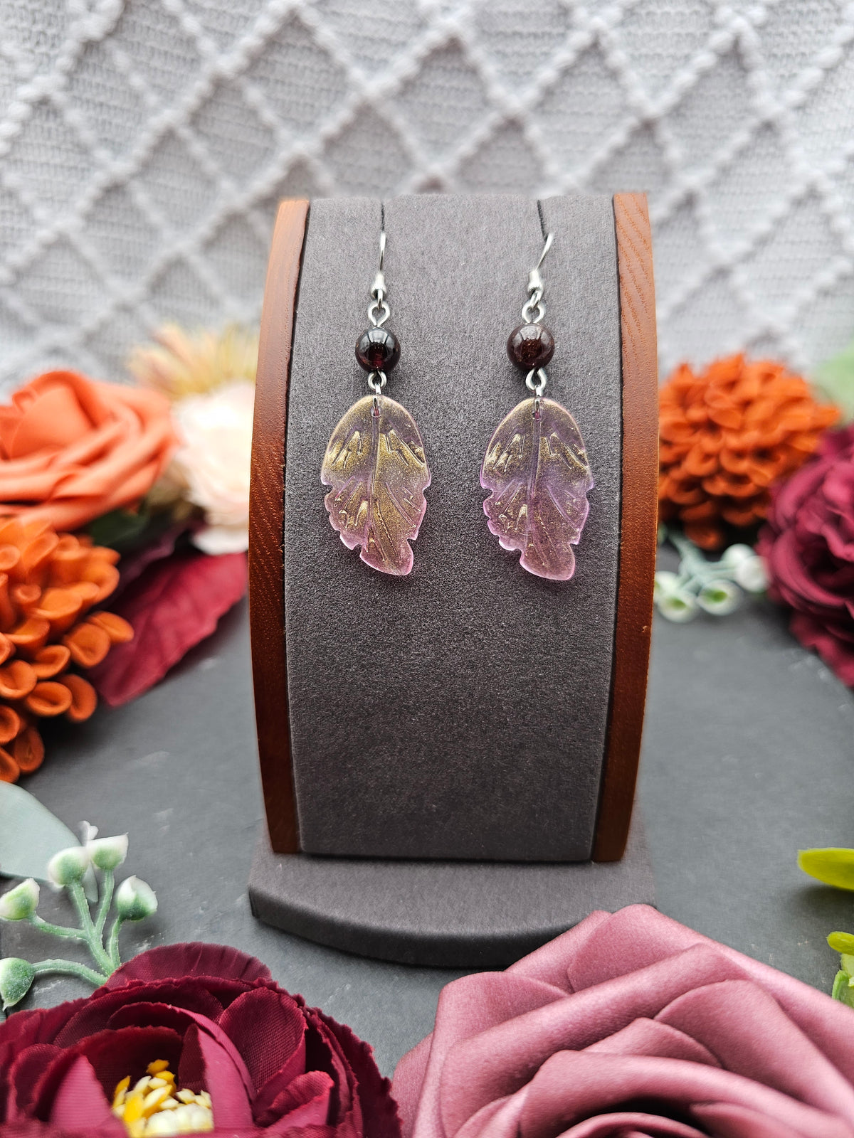 Ohrringe Blätter Rosa | Granat | Edelstahl