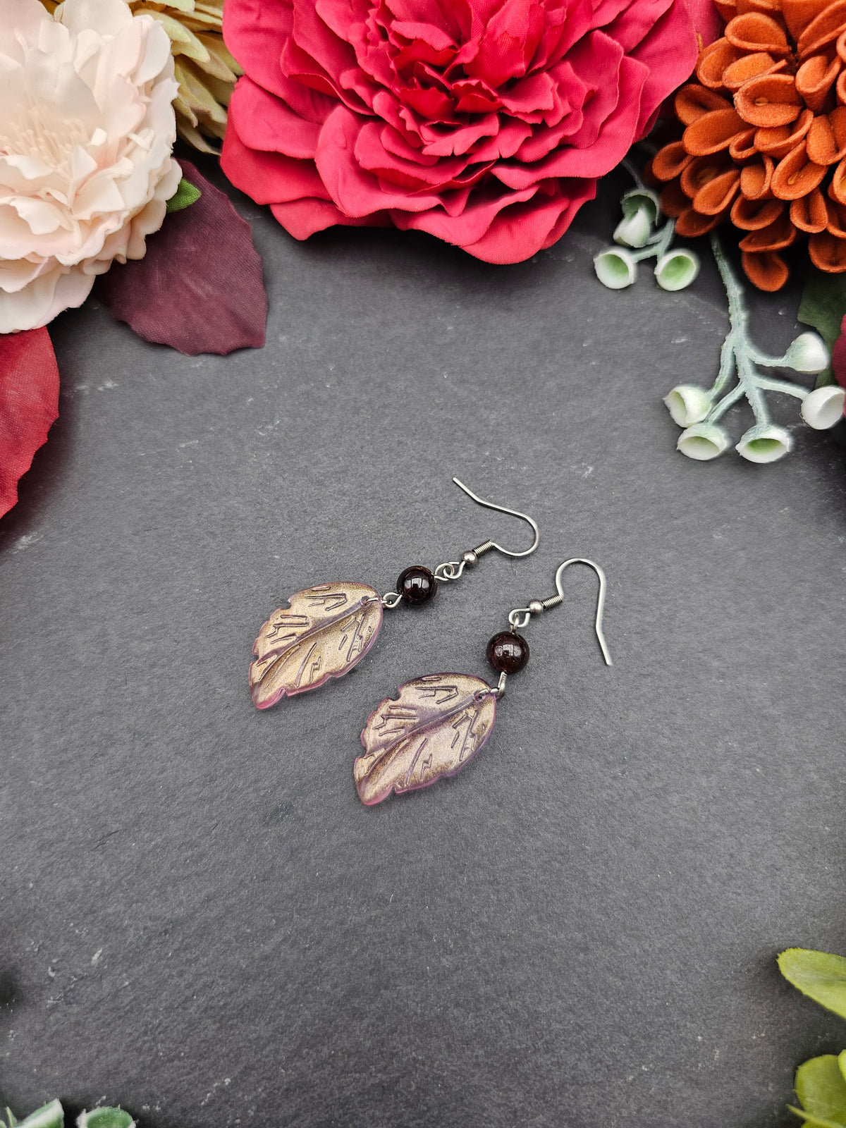 Ohrringe Blätter Rosa | Granat | Edelstahl