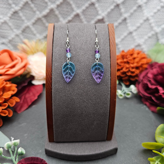 Ohrringe Blätter Blau-Lila | Amethyst & Aquamarin | Edelstahl