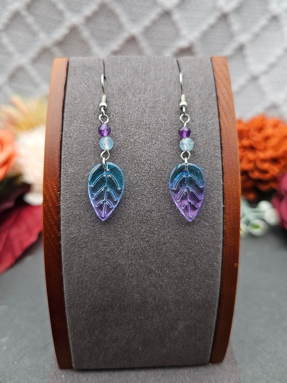 Ohrringe Blätter Blau-Lila | Amethyst & Aquamarin | Edelstahl