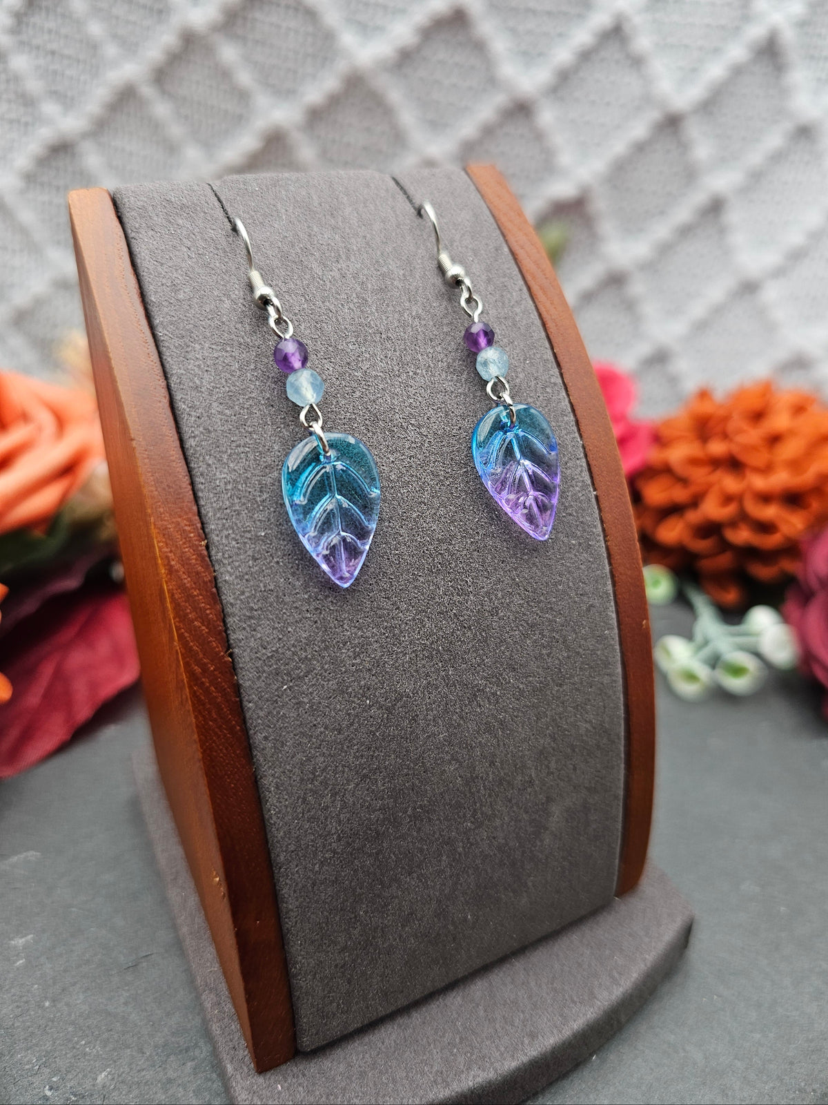 Ohrringe Blätter Blau-Lila | Amethyst & Aquamarin | Edelstahl