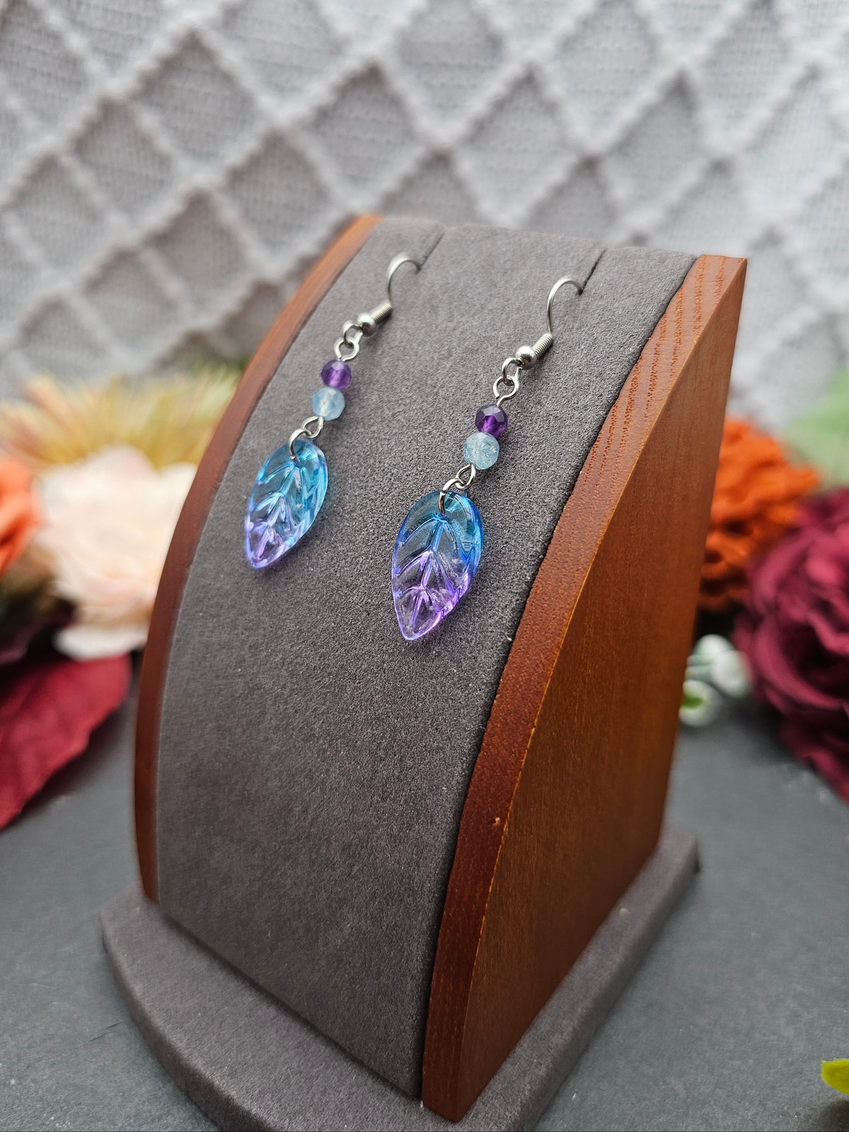 Ohrringe Blätter Blau-Lila | Amethyst & Aquamarin | Edelstahl