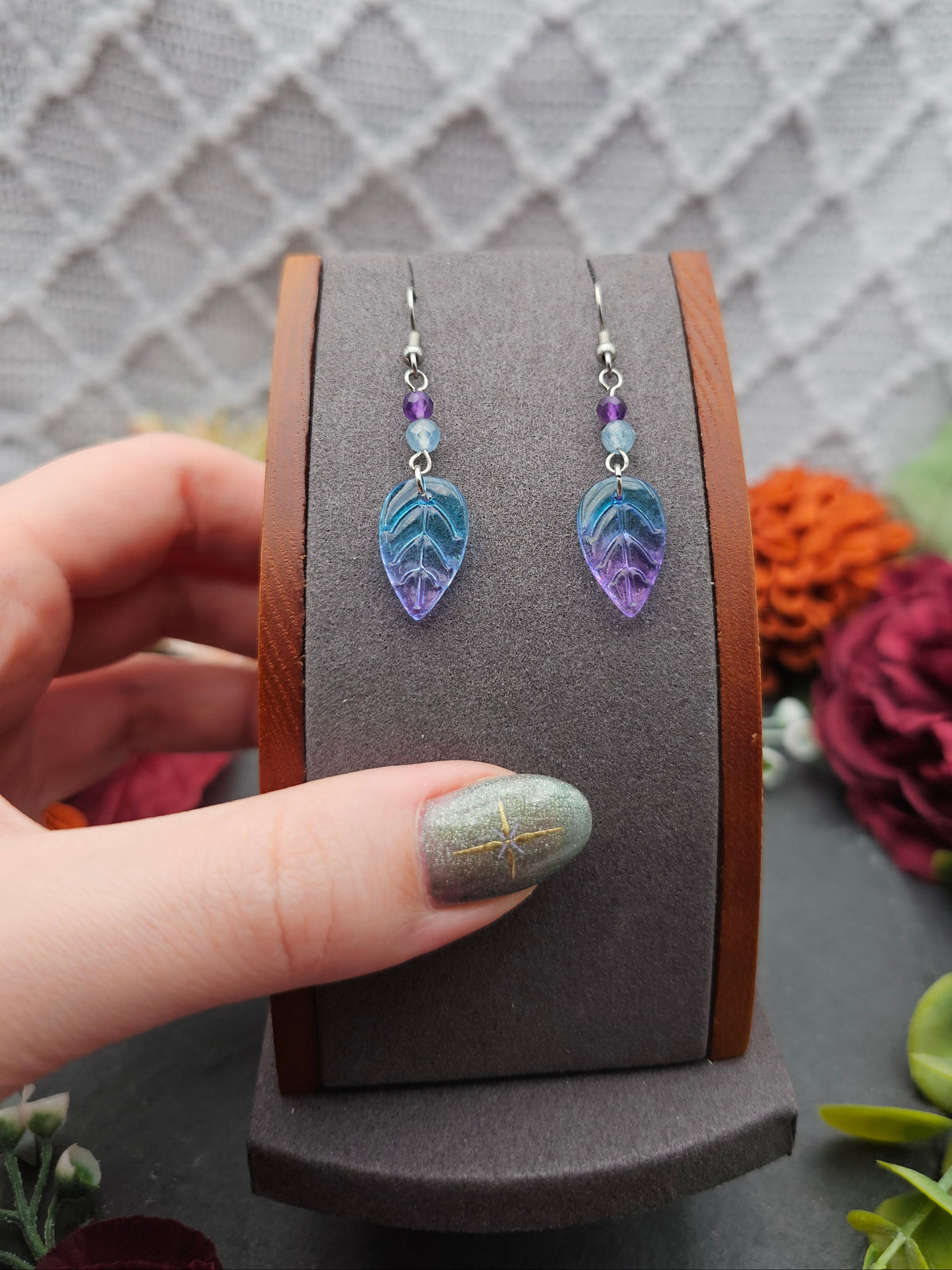 Ohrringe Blätter Blau-Lila | Amethyst & Aquamarin | Edelstahl