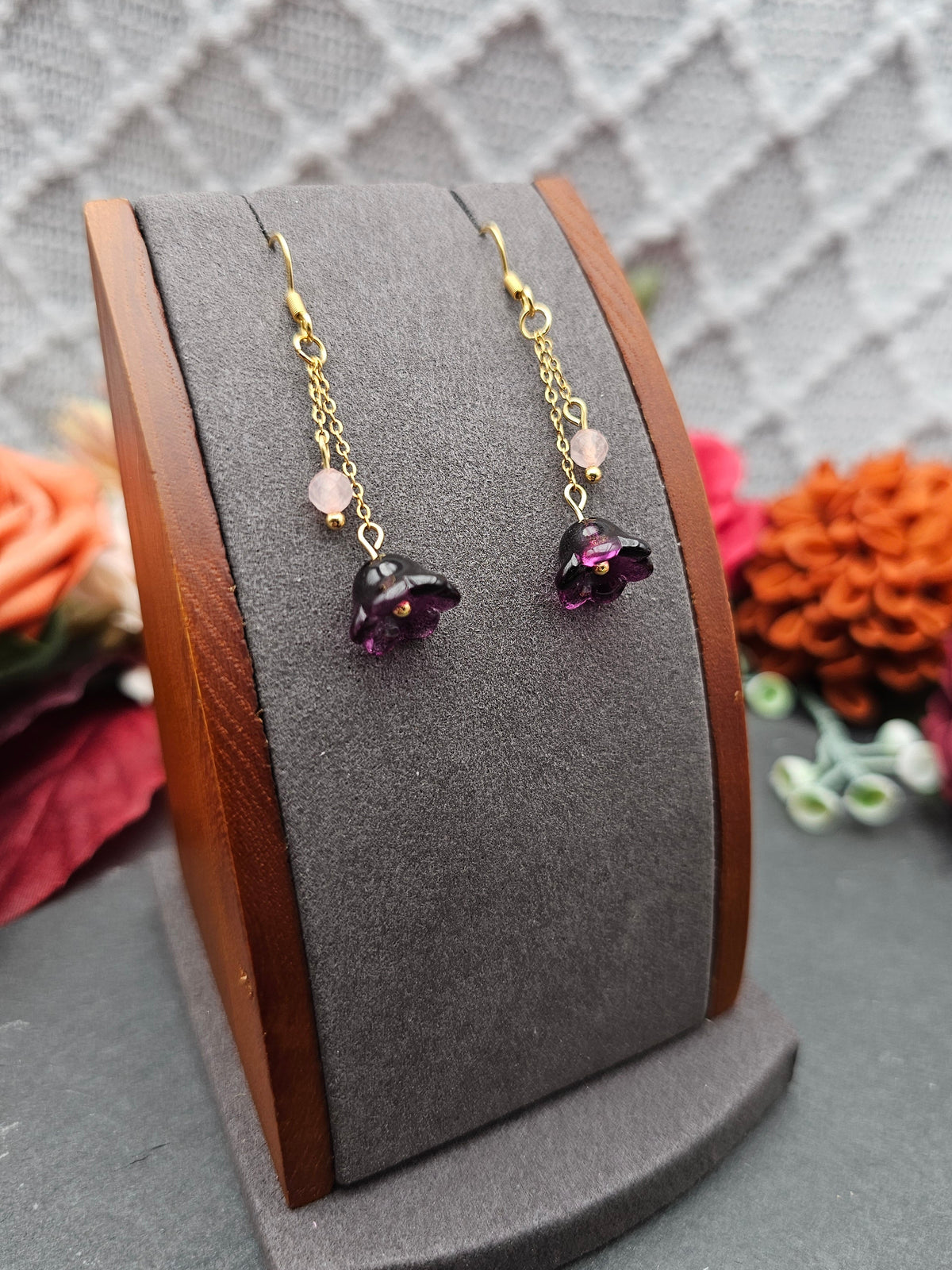 Ohrringe Floral Lila | Rosaquarz | Edelstahl vergoldet