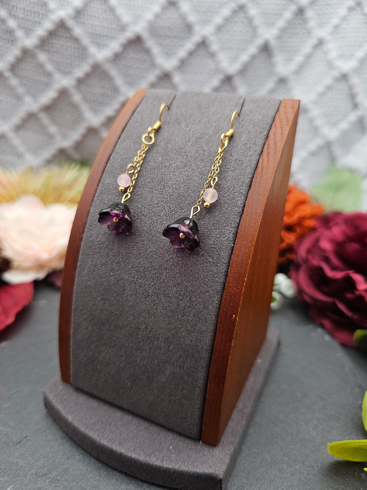 Ohrringe Floral Lila | Rosaquarz | Edelstahl vergoldet