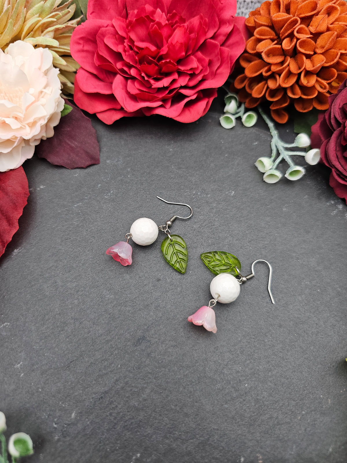Ohrringe Floral Rosa & Blatt | Kascholong | Edelstahl