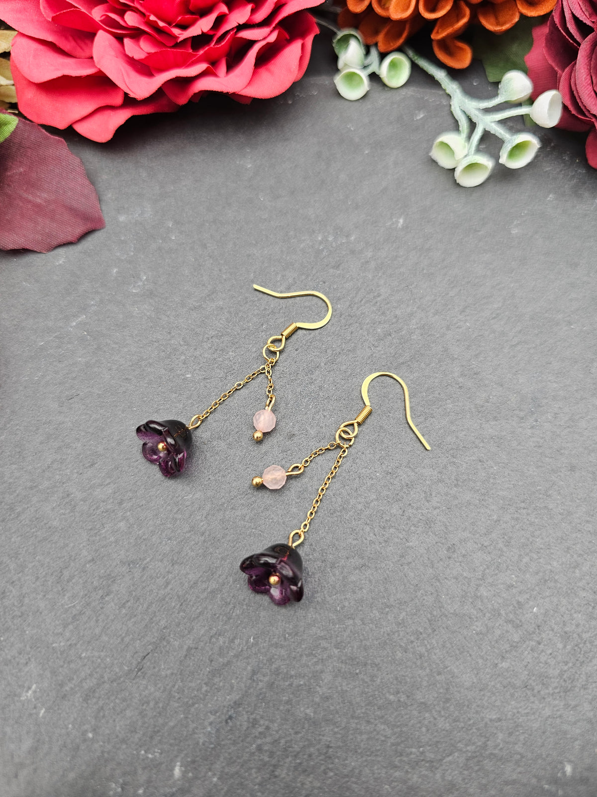 Ohrringe Floral Lila | Rosaquarz | Edelstahl vergoldet