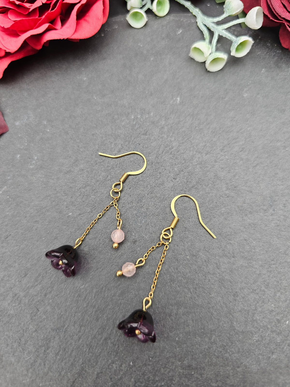 Ohrringe Floral Lila | Rosaquarz | Edelstahl vergoldet