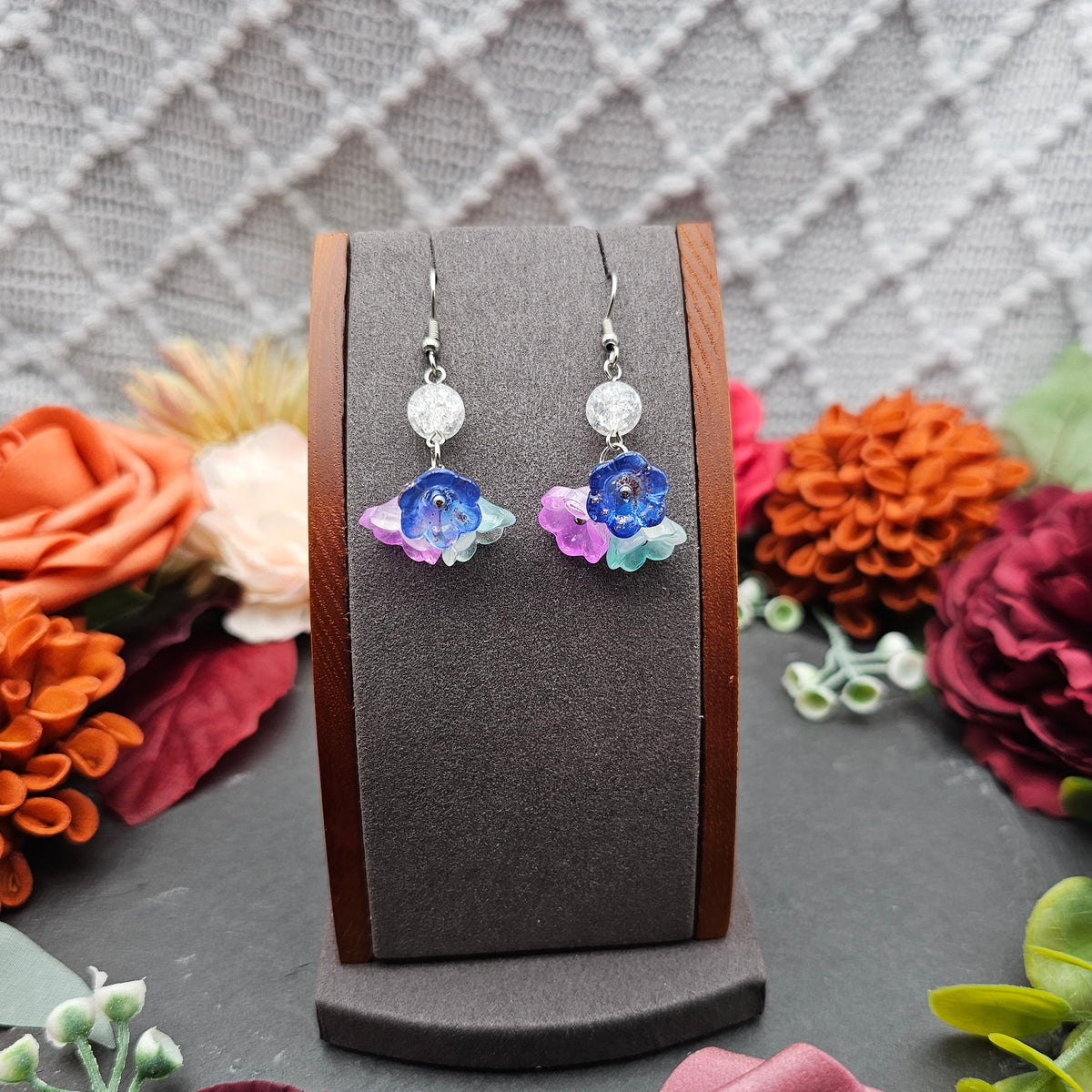 Ohrringe Floral Blau Rosa Mint | Bergkristall | Edelstahl