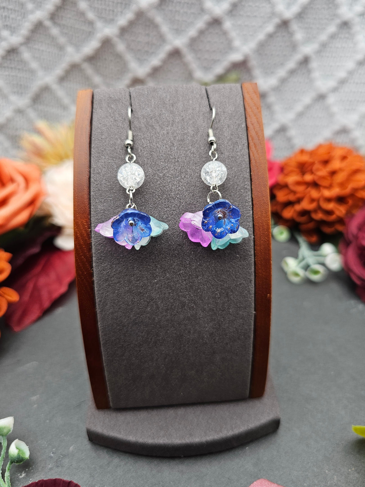 Ohrringe Floral Blau Rosa Mint | Bergkristall | Edelstahl