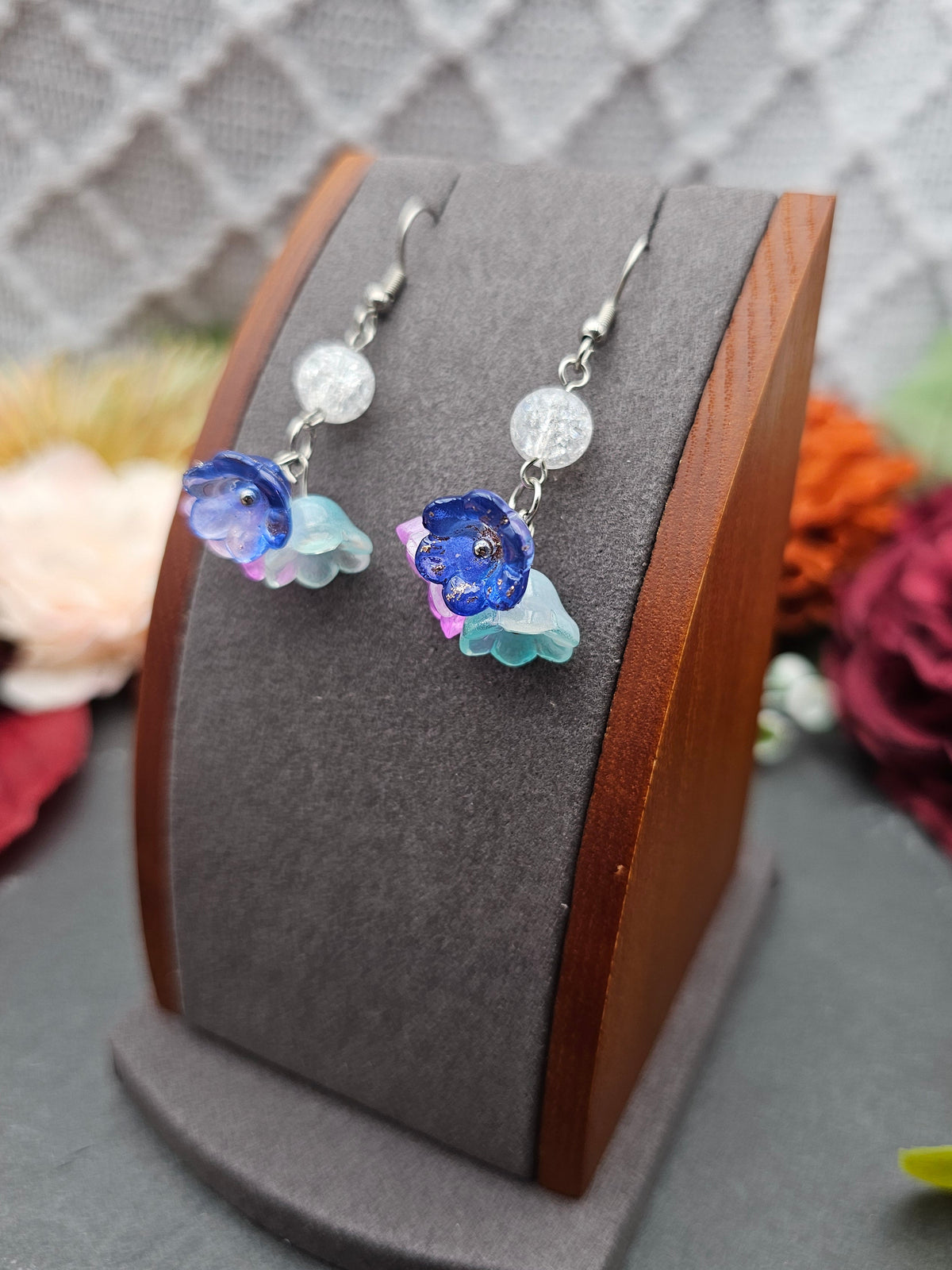 Ohrringe Floral Blau Rosa Mint | Bergkristall | Edelstahl