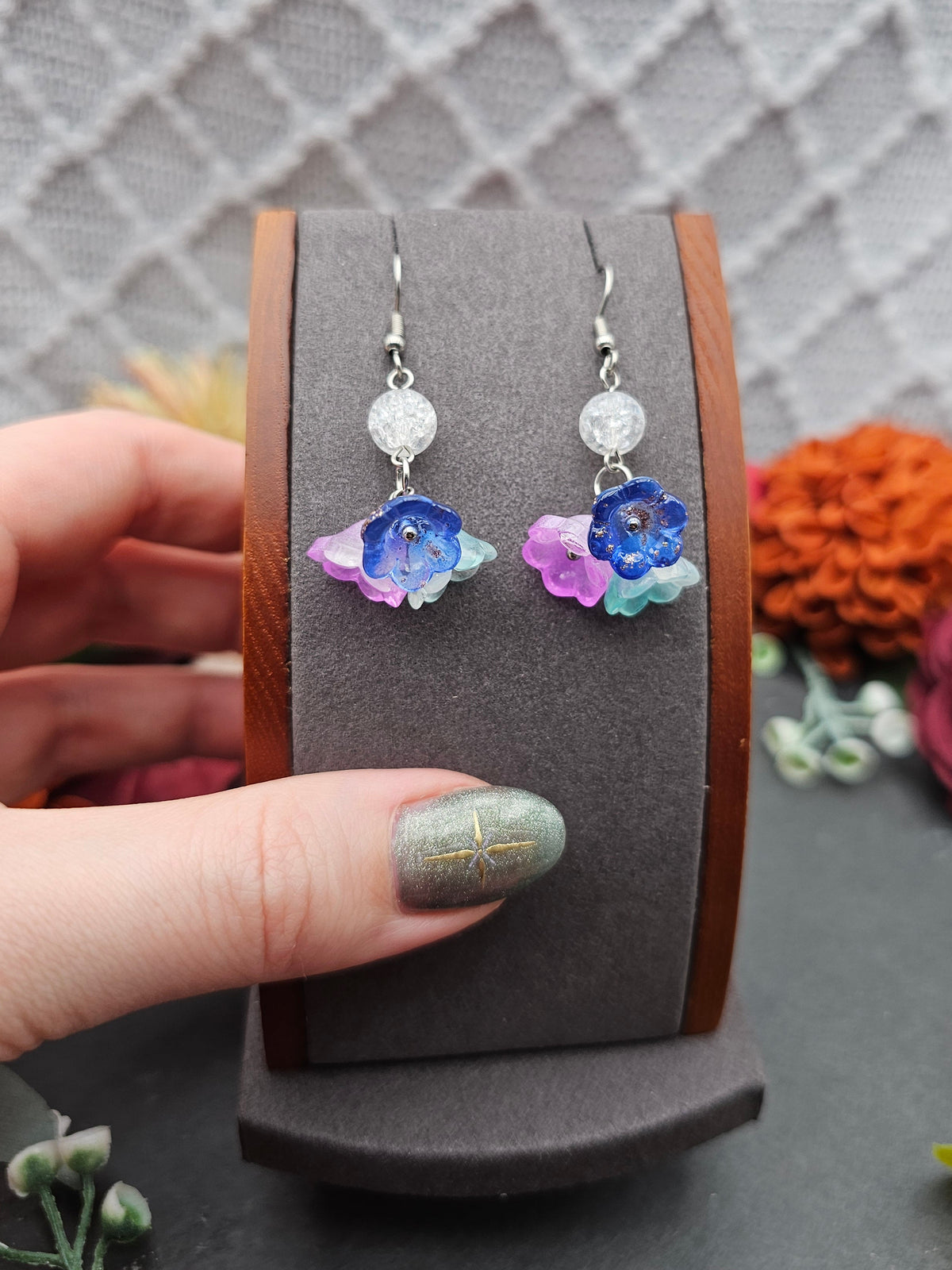 Ohrringe Floral Blau Rosa Mint | Bergkristall | Edelstahl