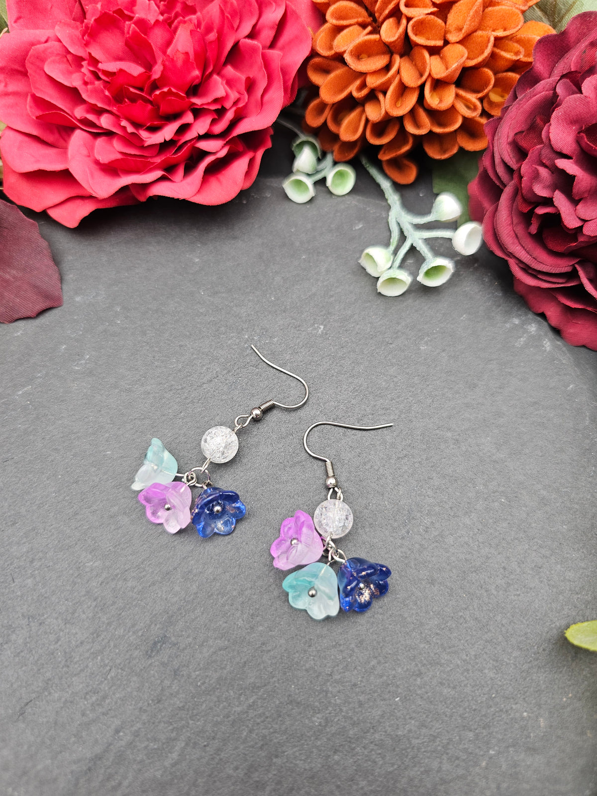 Ohrringe Floral Blau Rosa Mint | Bergkristall | Edelstahl