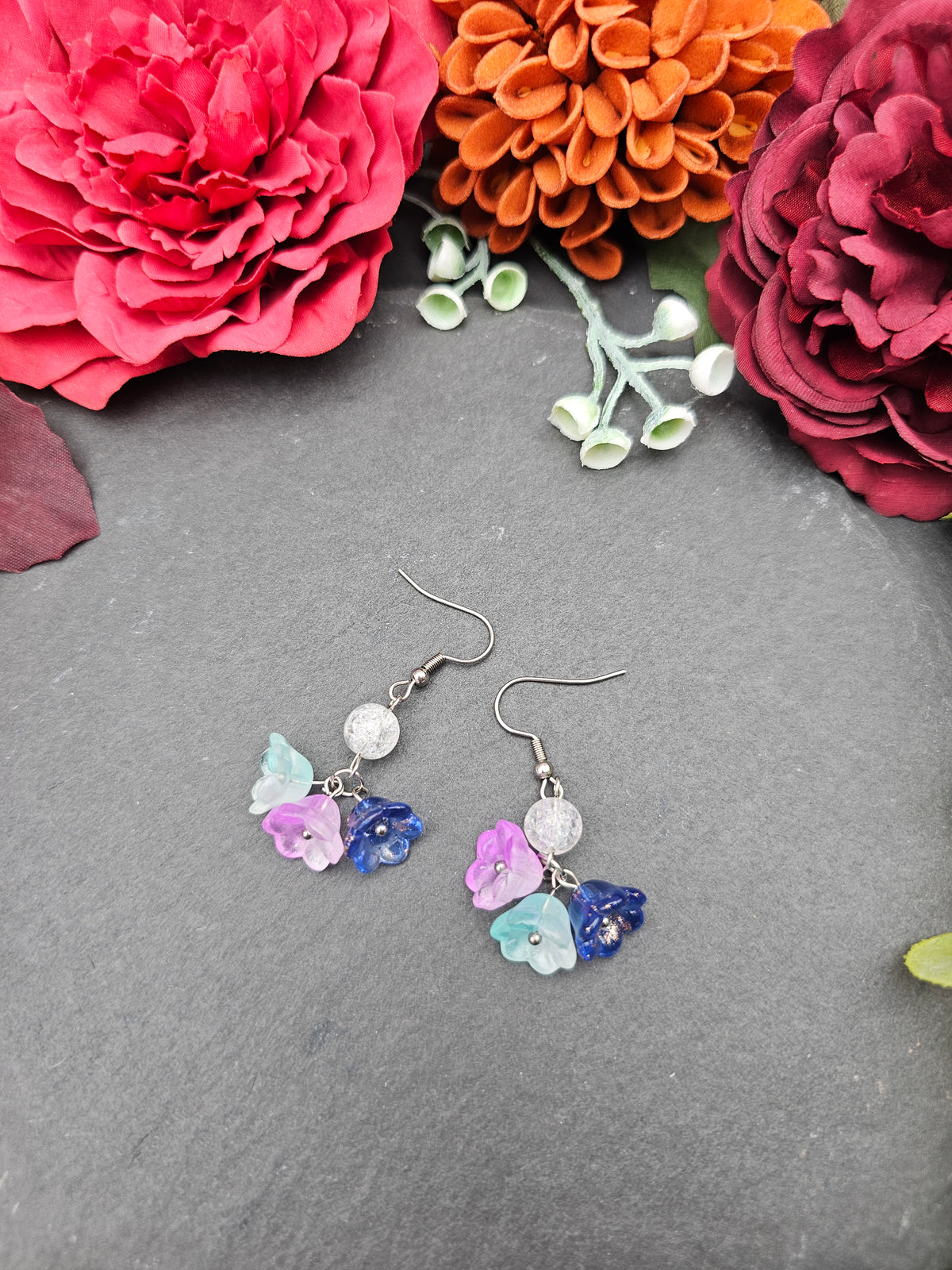 Ohrringe Floral Blau Rosa Mint | Bergkristall | Edelstahl