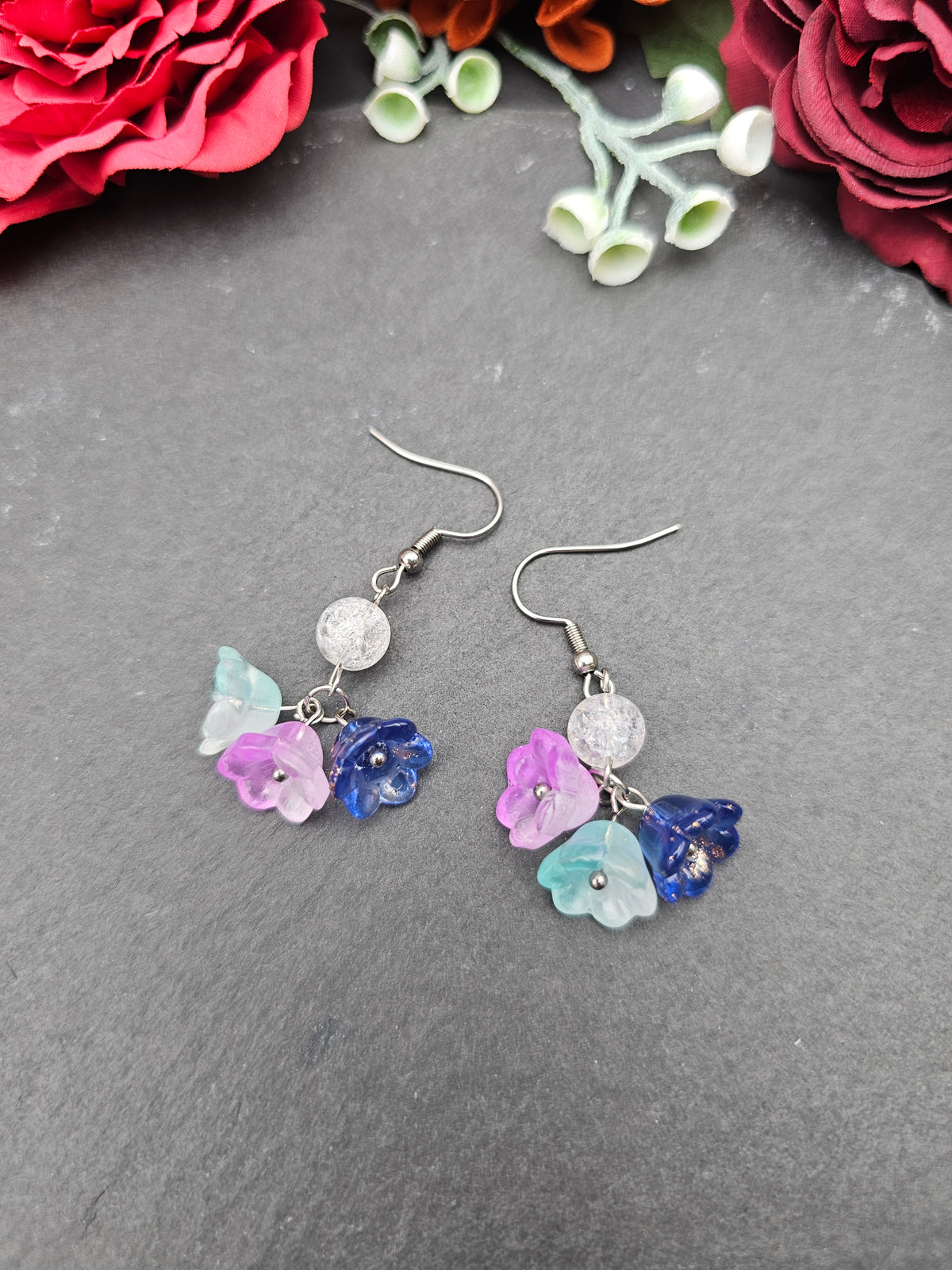 Ohrringe Floral Blau Rosa Mint | Bergkristall | Edelstahl