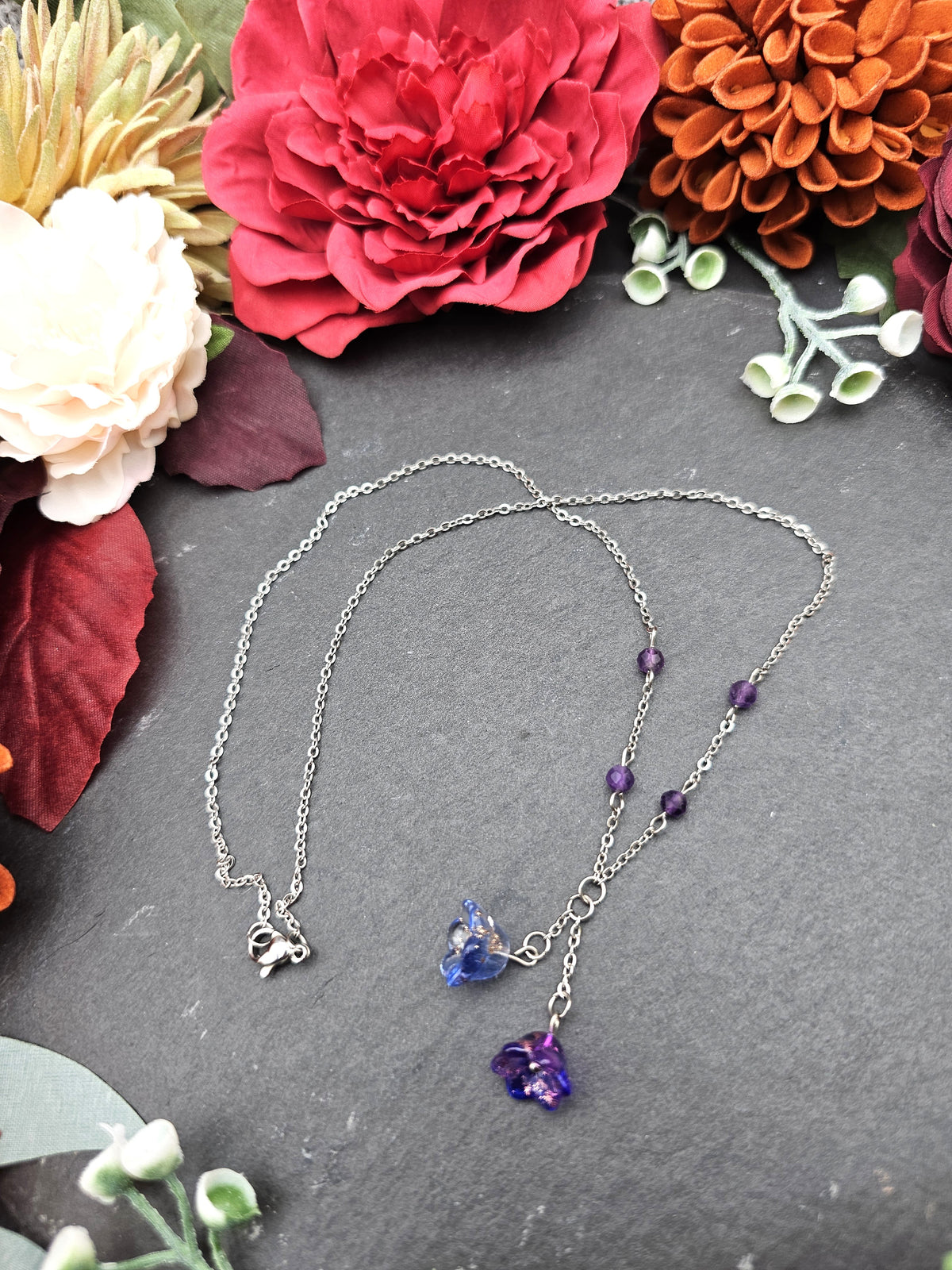 Halskette Floral Lila & Blau | Amethyst | Edelstahl