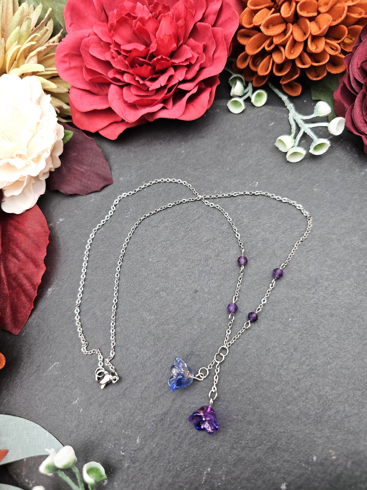 Halskette Floral Lila & Blau | Amethyst | Edelstahl