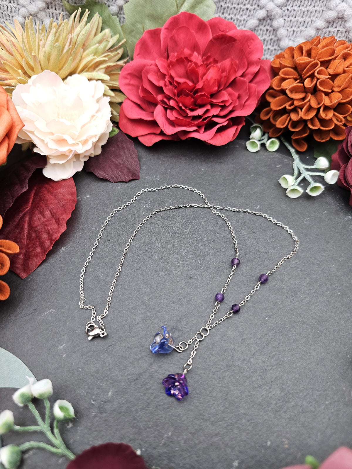 Halskette Floral Lila & Blau | Amethyst | Edelstahl