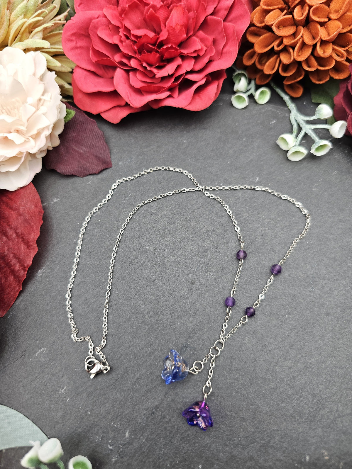 Halskette Floral Lila & Blau | Amethyst | Edelstahl