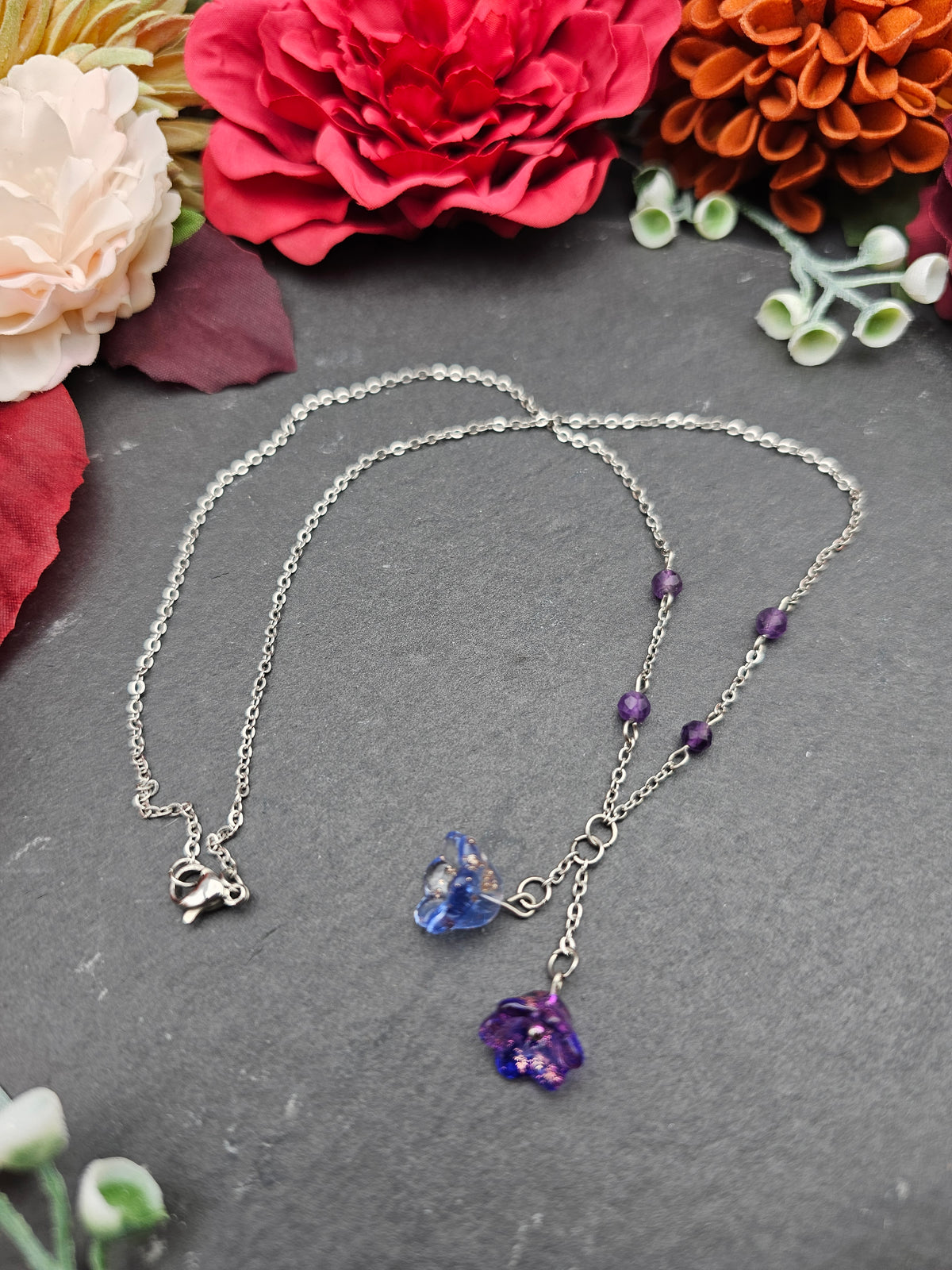 Halskette Floral Lila & Blau | Amethyst | Edelstahl