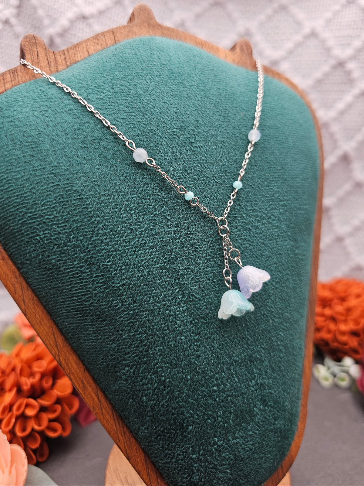 Halskette Floral Mint & Blau | Aquamarin & Amazonit | Edelstahl