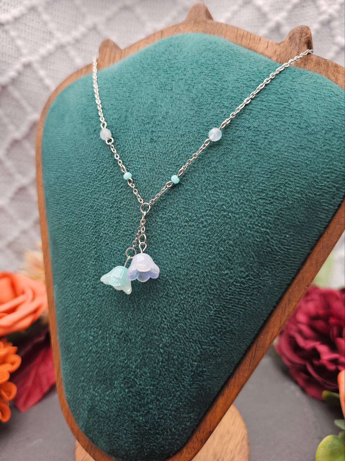 Halskette Floral Mint & Blau | Aquamarin & Amazonit | Edelstahl