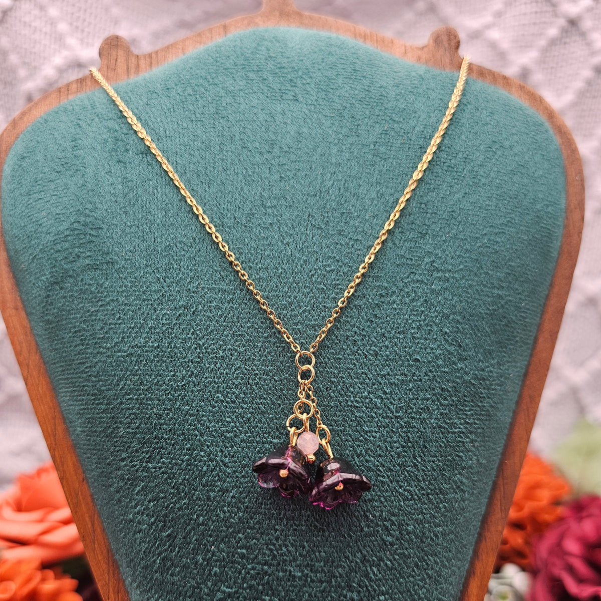 Halskette Floral Lila | Rosaquarz | Edelstahl vergoldet