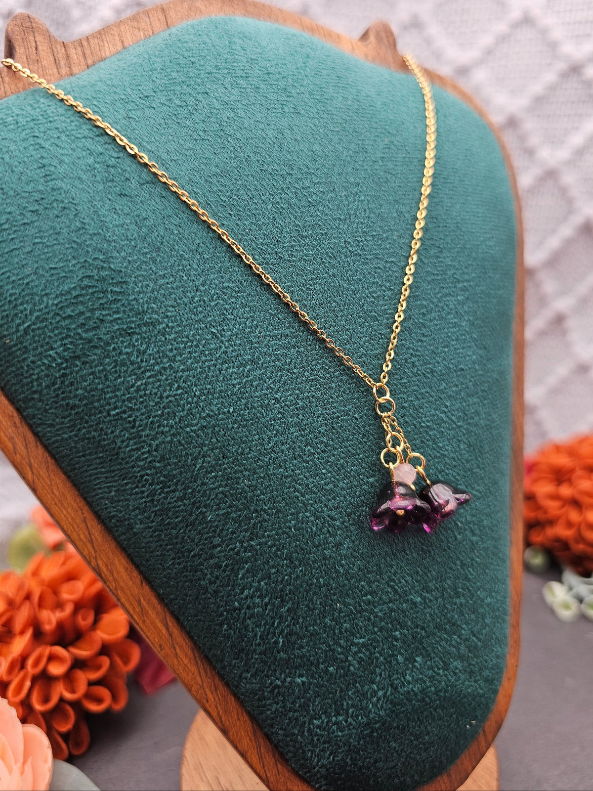 Halskette Floral Lila | Rosaquarz | Edelstahl vergoldet
