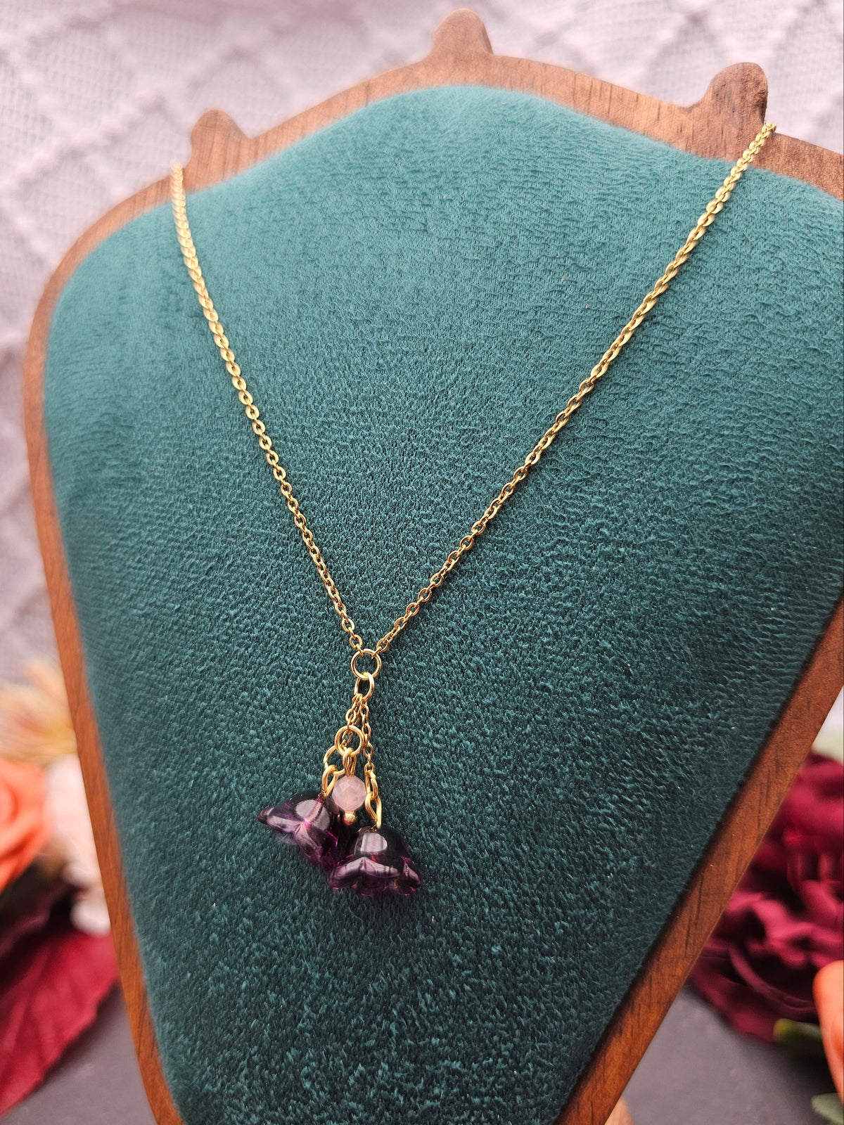 Halskette Floral Lila | Rosaquarz | Edelstahl vergoldet