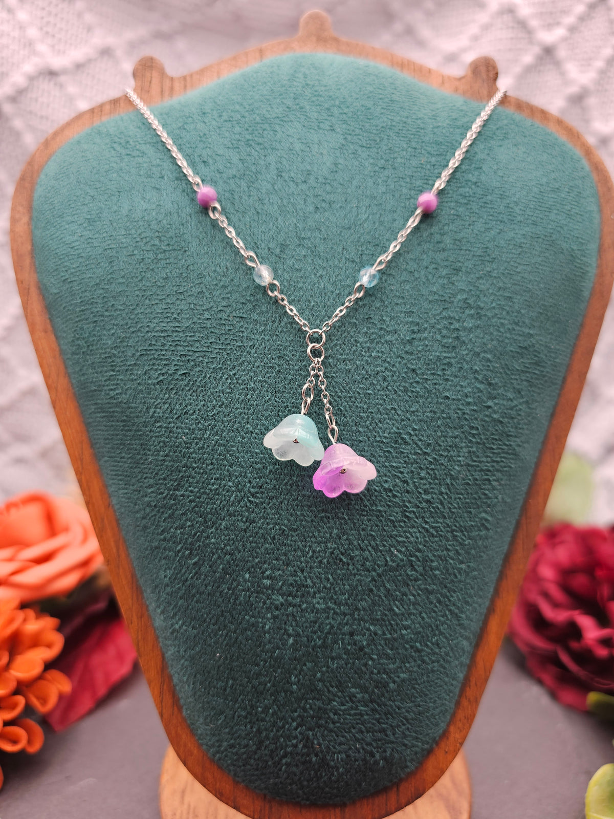 Halskette Floral Mint & Rosa | Aquamarin & Lepodolith | Edelstahl