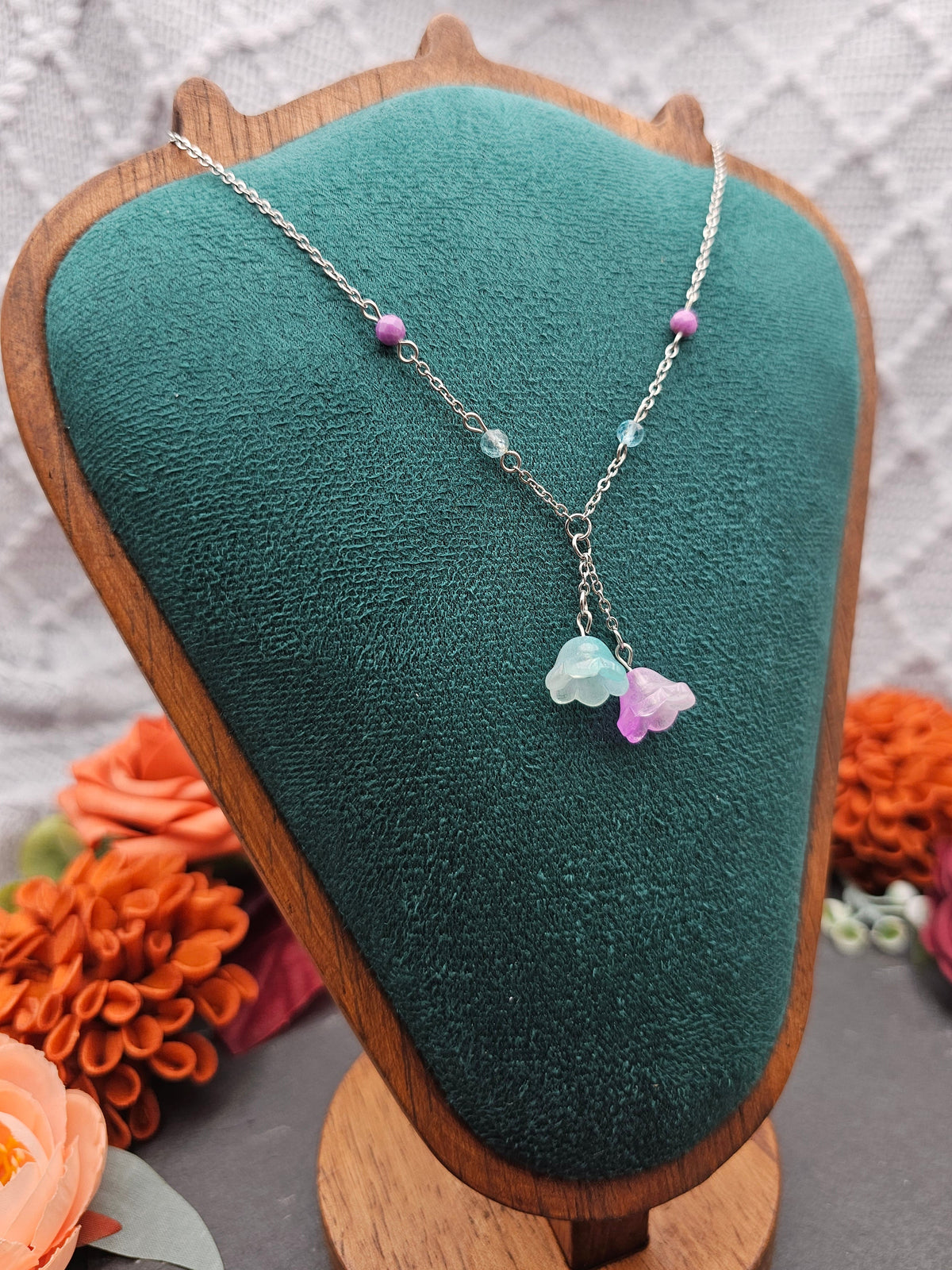 Halskette Floral Mint & Rosa | Aquamarin & Lepodolith | Edelstahl