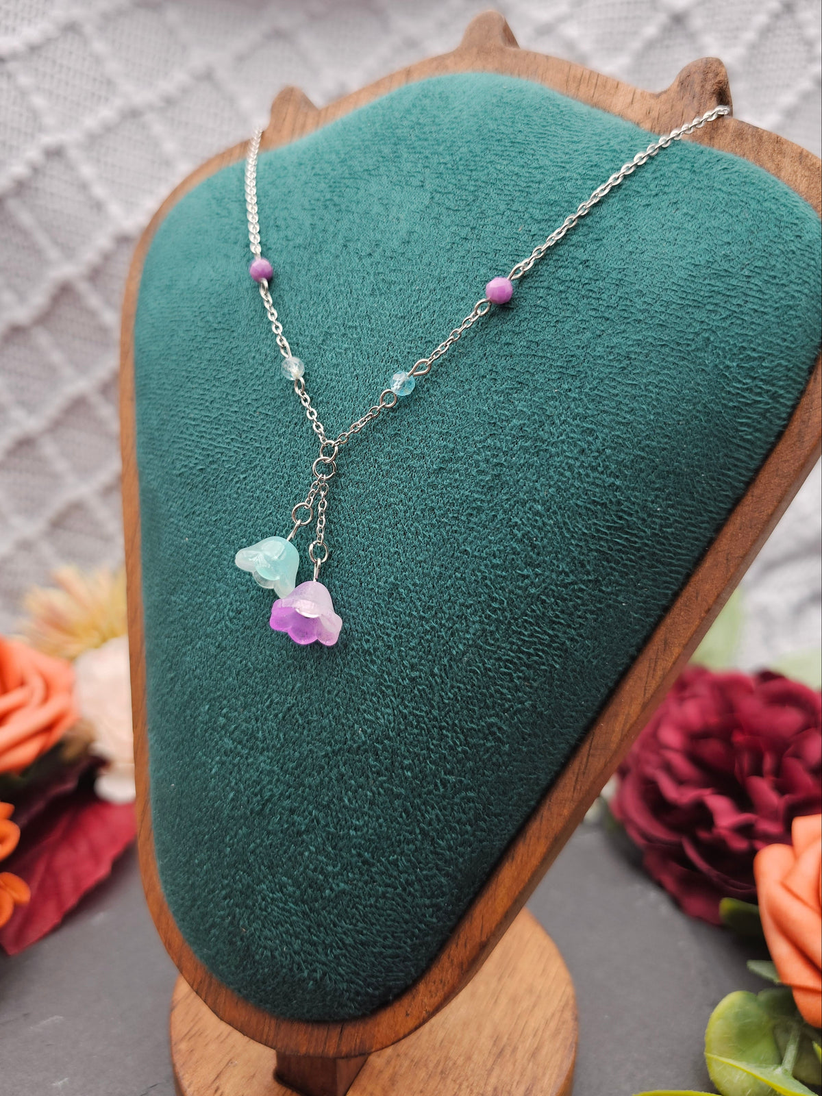 Halskette Floral Mint & Rosa | Aquamarin & Lepodolith | Edelstahl