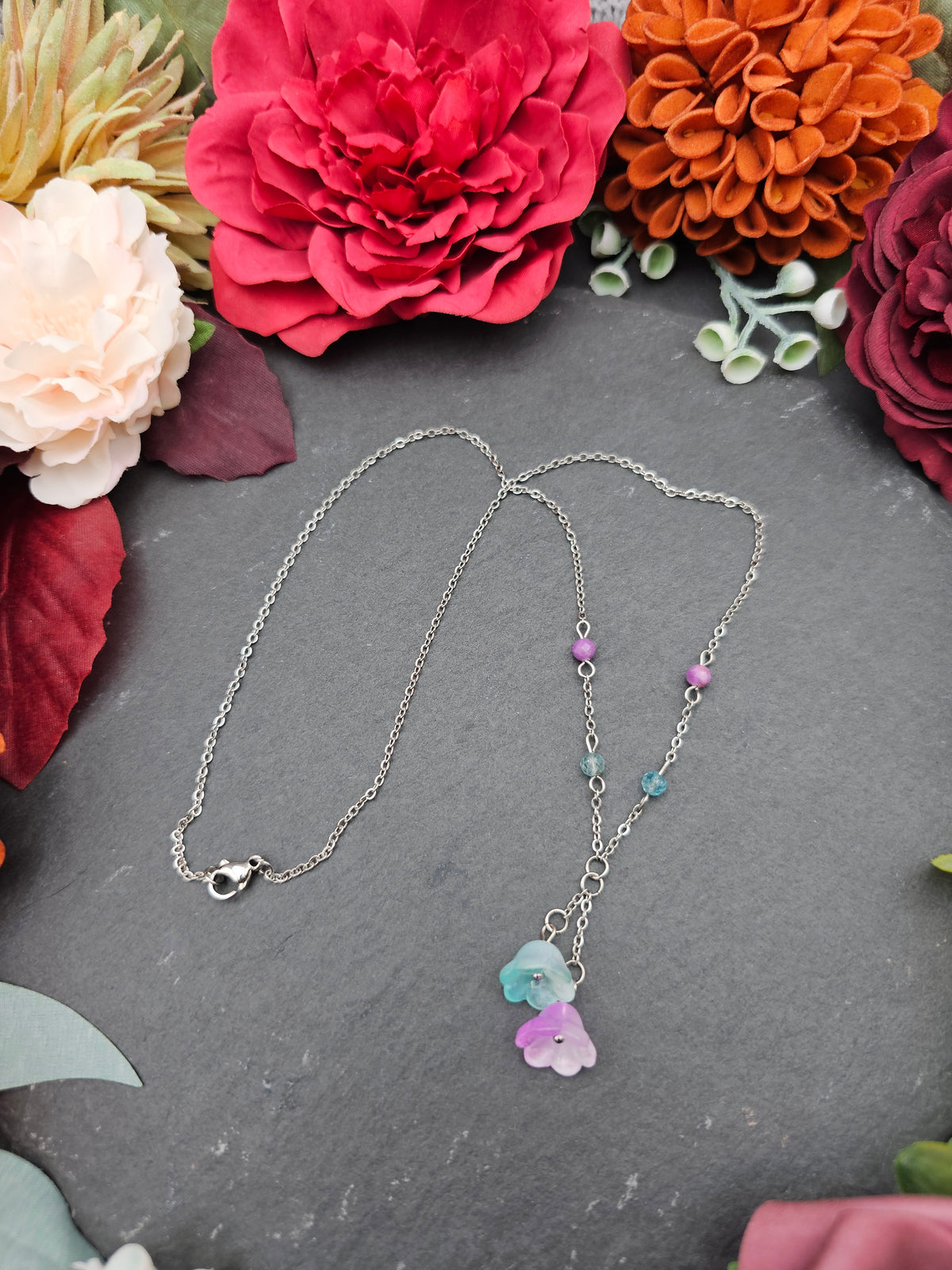 Halskette Floral Mint & Rosa | Aquamarin & Lepodolith | Edelstahl