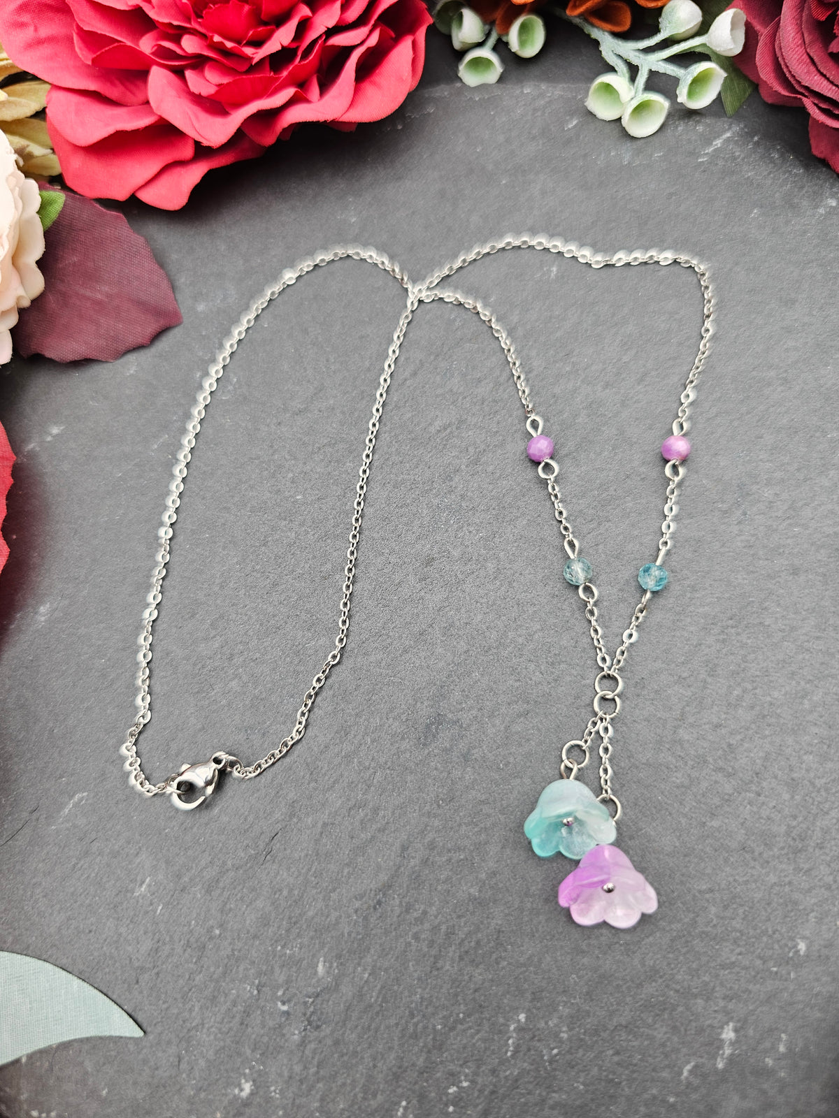 Halskette Floral Mint & Rosa | Aquamarin & Lepodolith | Edelstahl