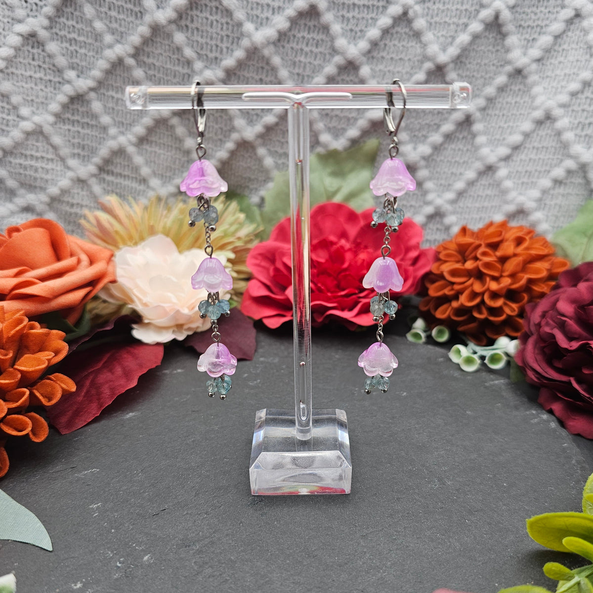 Ohrringe Floral Rosa Lang | Aquamarin | Edelstahl
