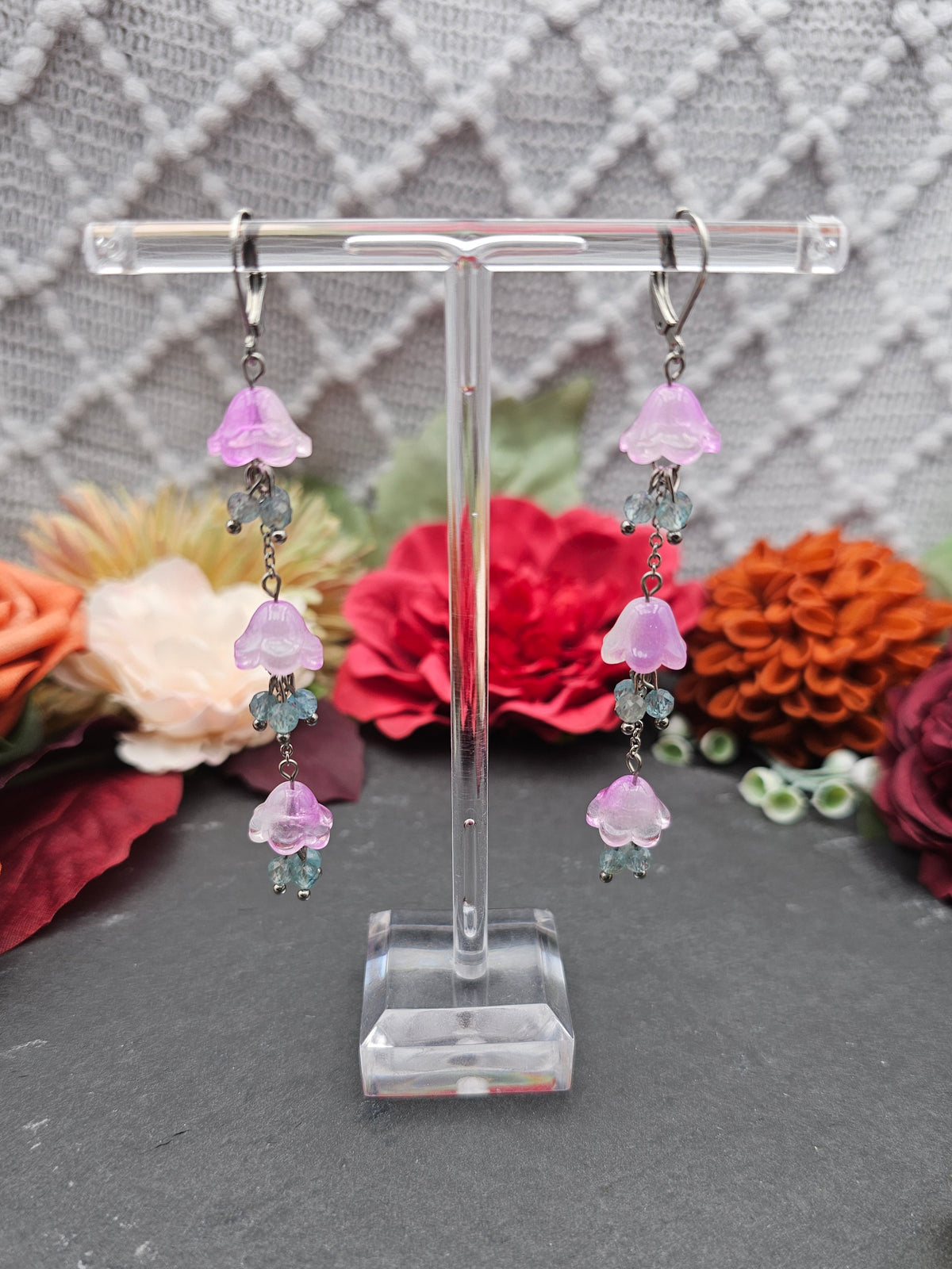 Ohrringe Floral Rosa Lang | Aquamarin | Edelstahl