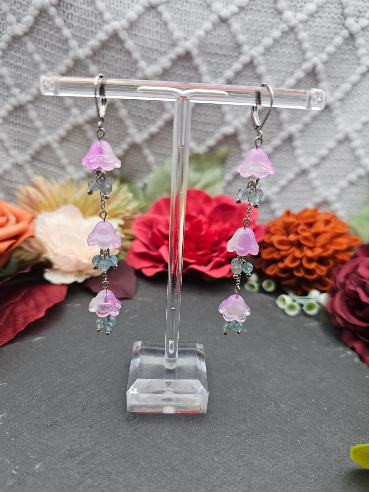 Ohrringe Floral Rosa Lang | Aquamarin | Edelstahl