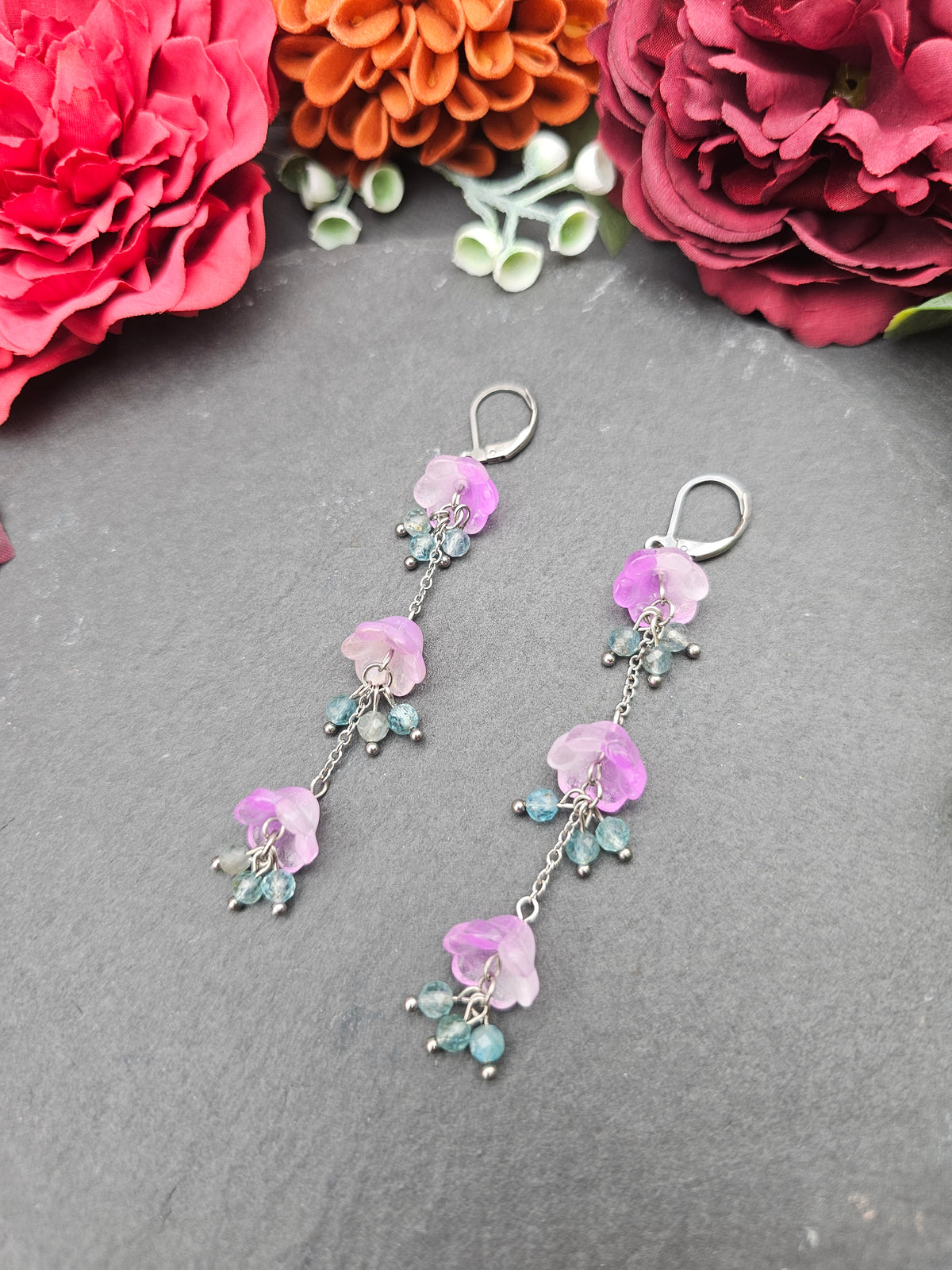 Ohrringe Floral Rosa Lang | Aquamarin | Edelstahl
