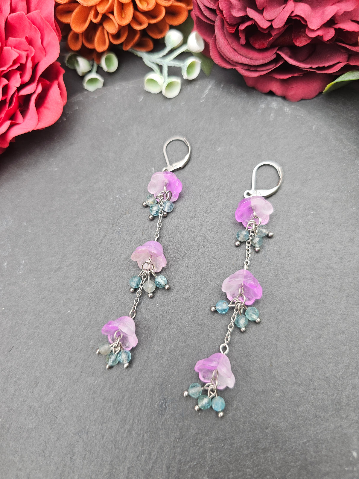 Ohrringe Floral Rosa Lang | Aquamarin | Edelstahl
