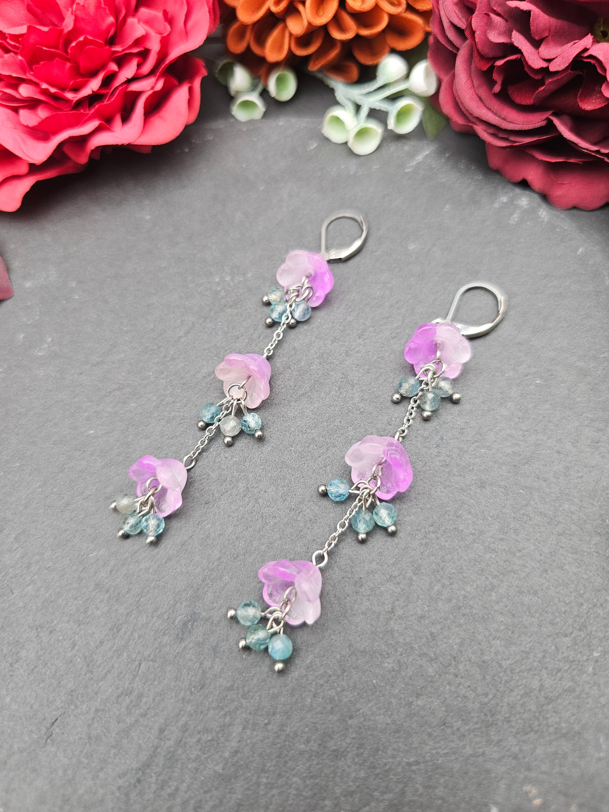 Ohrringe Floral Rosa Lang | Aquamarin | Edelstahl