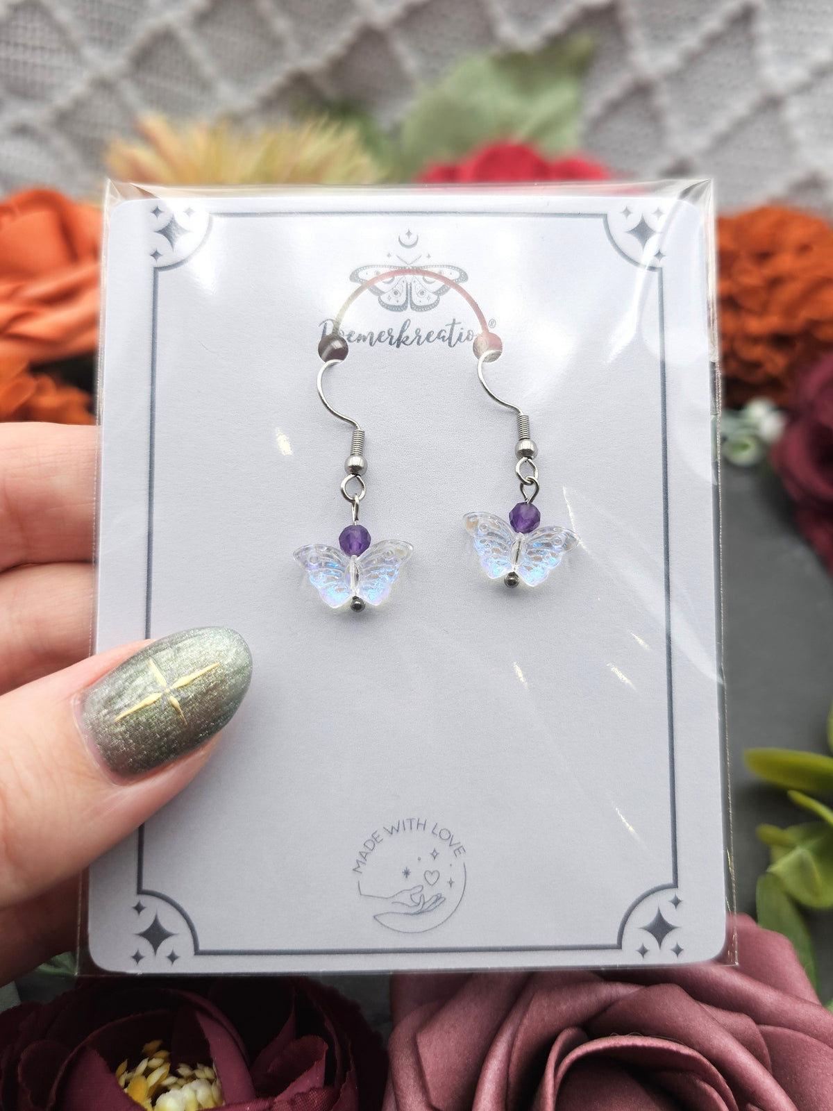 Ohrringe Schmetterling Weiß | Amethyst | Edelstahl