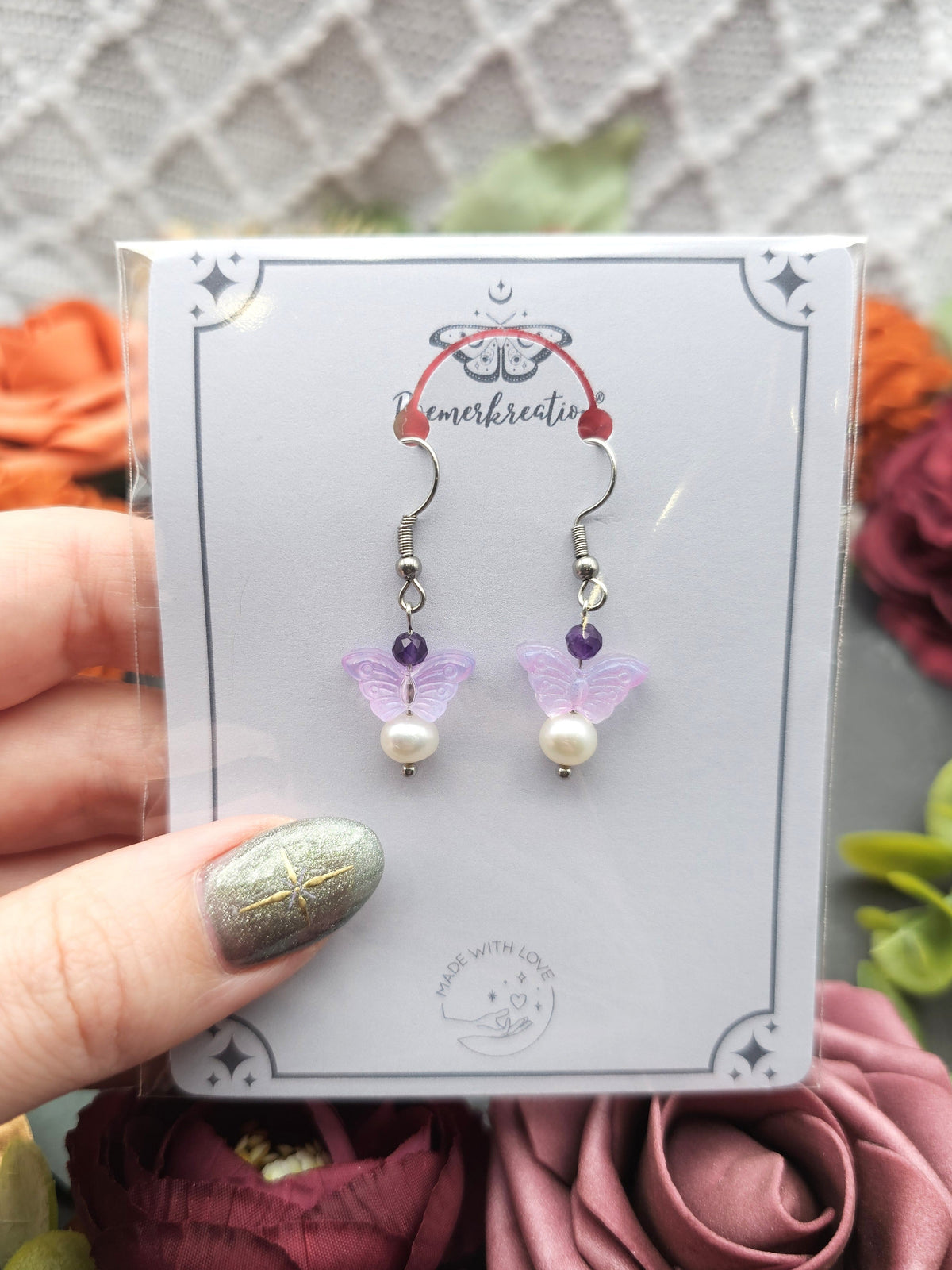 Ohrringe Schmetterling Lila | Süßwasserzuchtperle & Amethyst | Edelstahl
