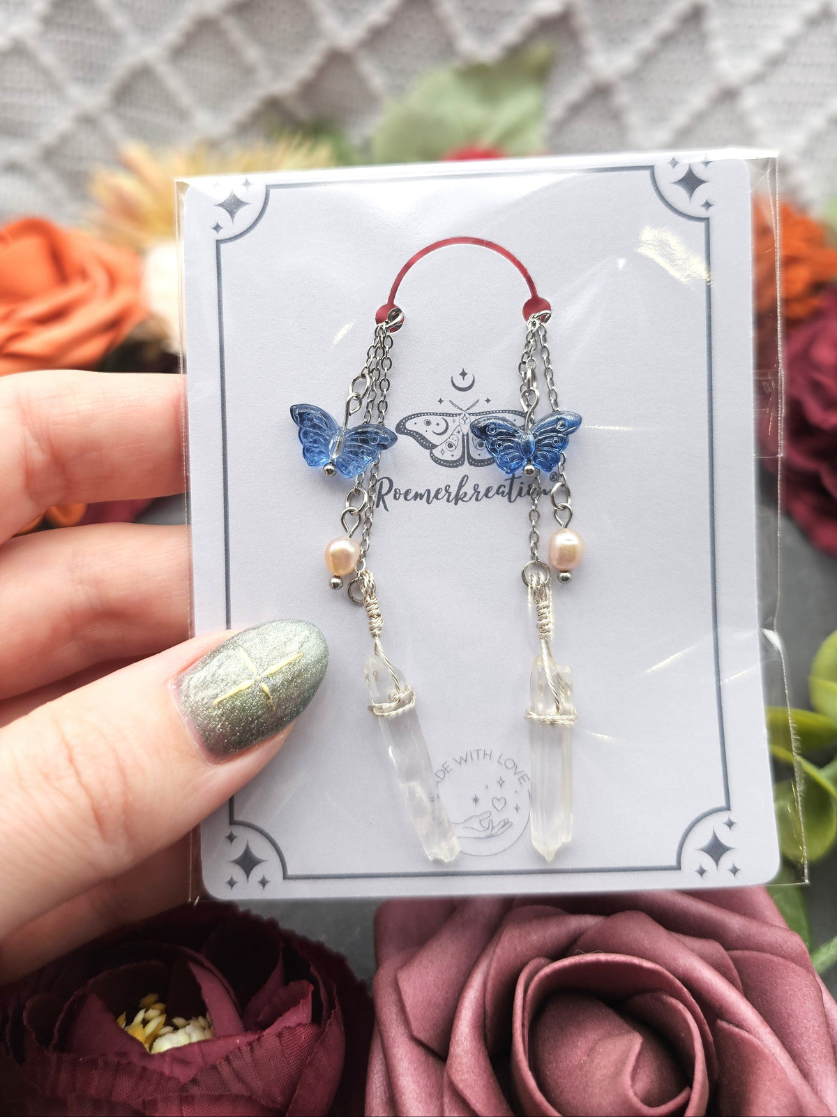Ohrringe Schmetterling Blau | Bergkristall & Süßwasserzuchtperle | Edelstahl