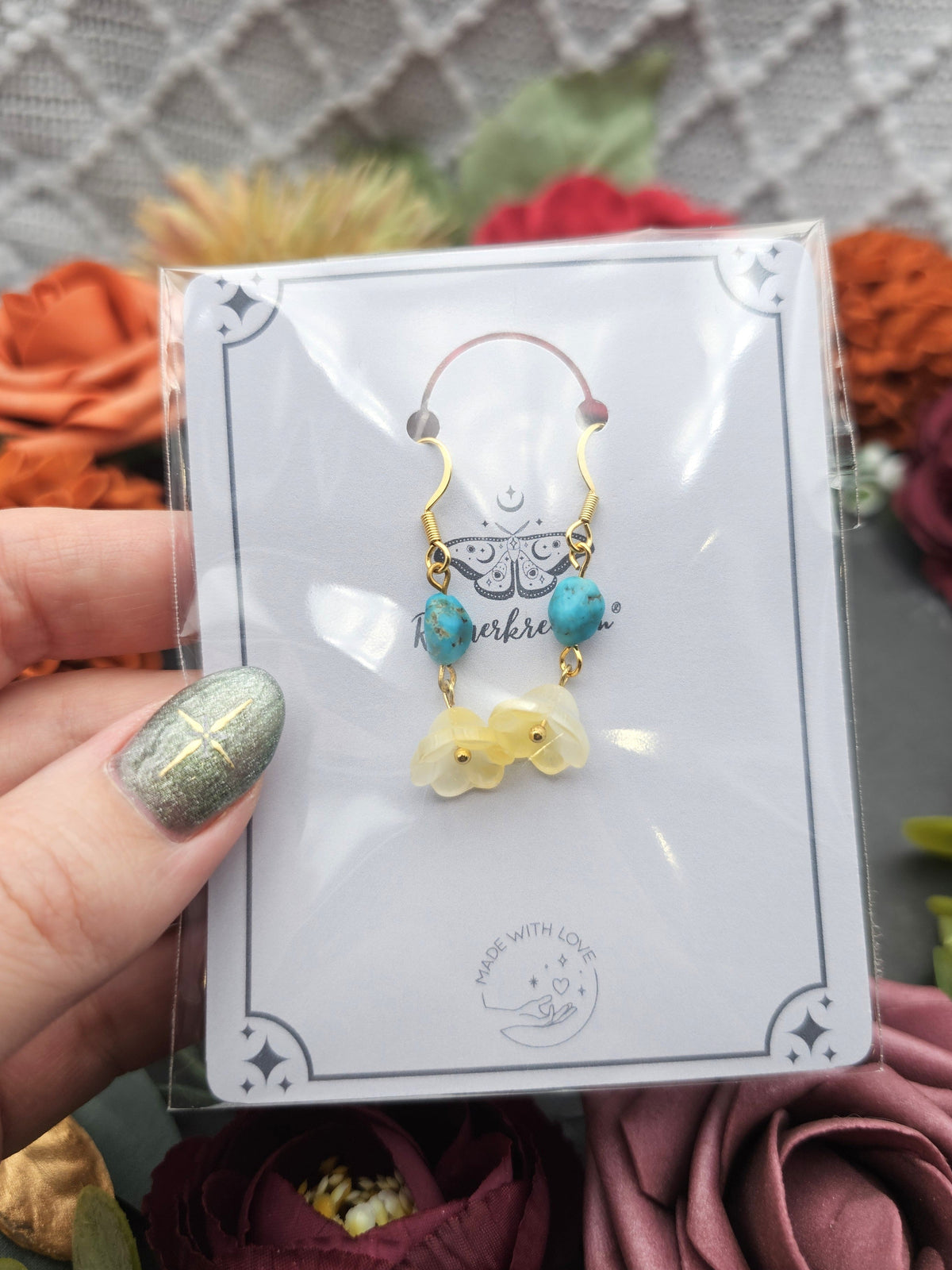Ohrringe Floral Gelb | Türkis | Edelstahl vergoldet