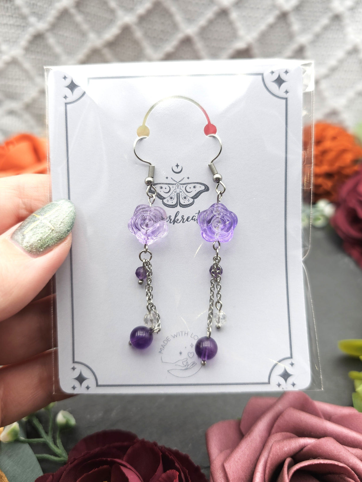 Ohrringe Rose Lila | Amethyst & Bergkristall | Edelstahl