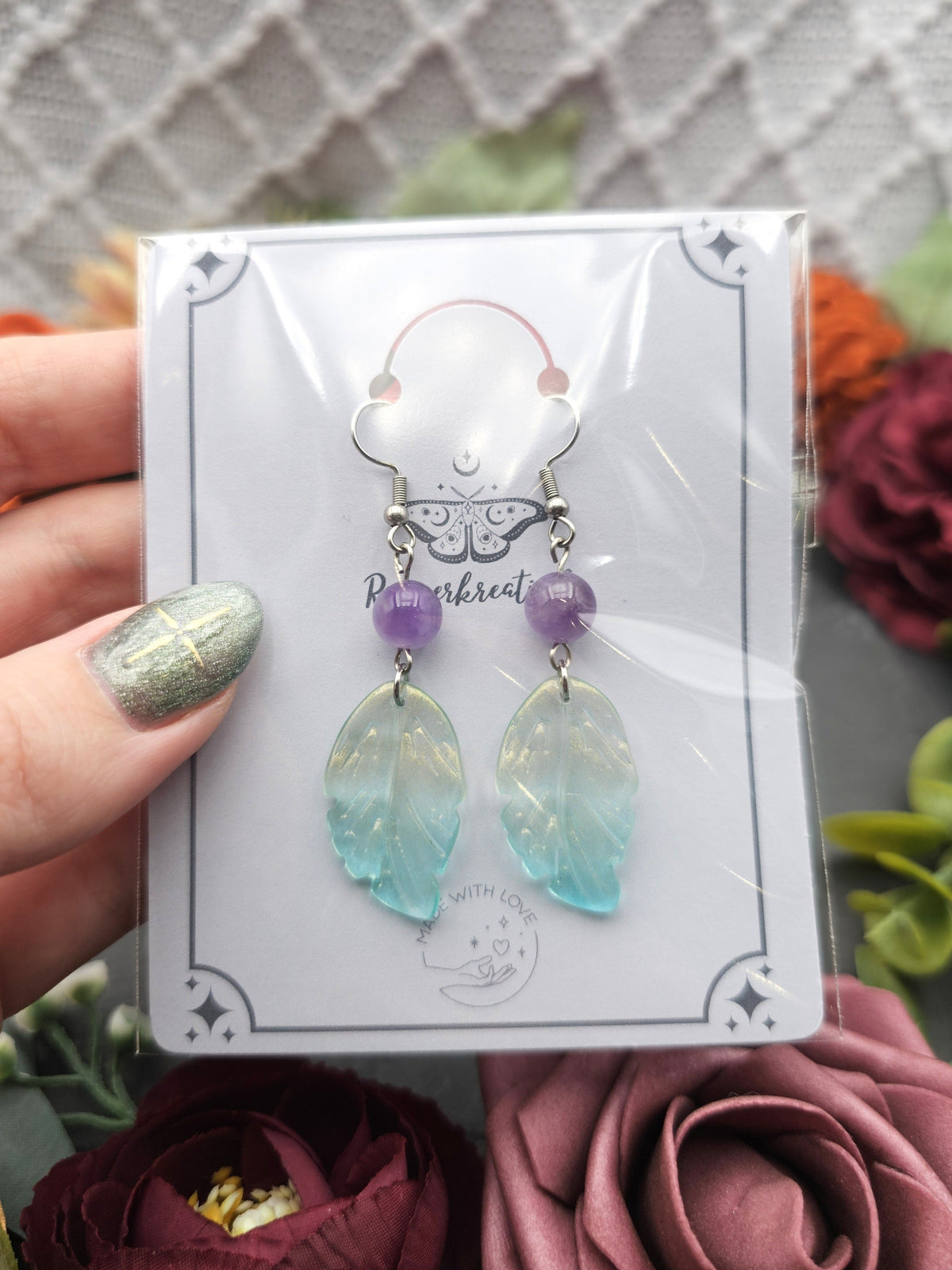 Ohrringe Blätter Grün | Amethyst | Edelstahl