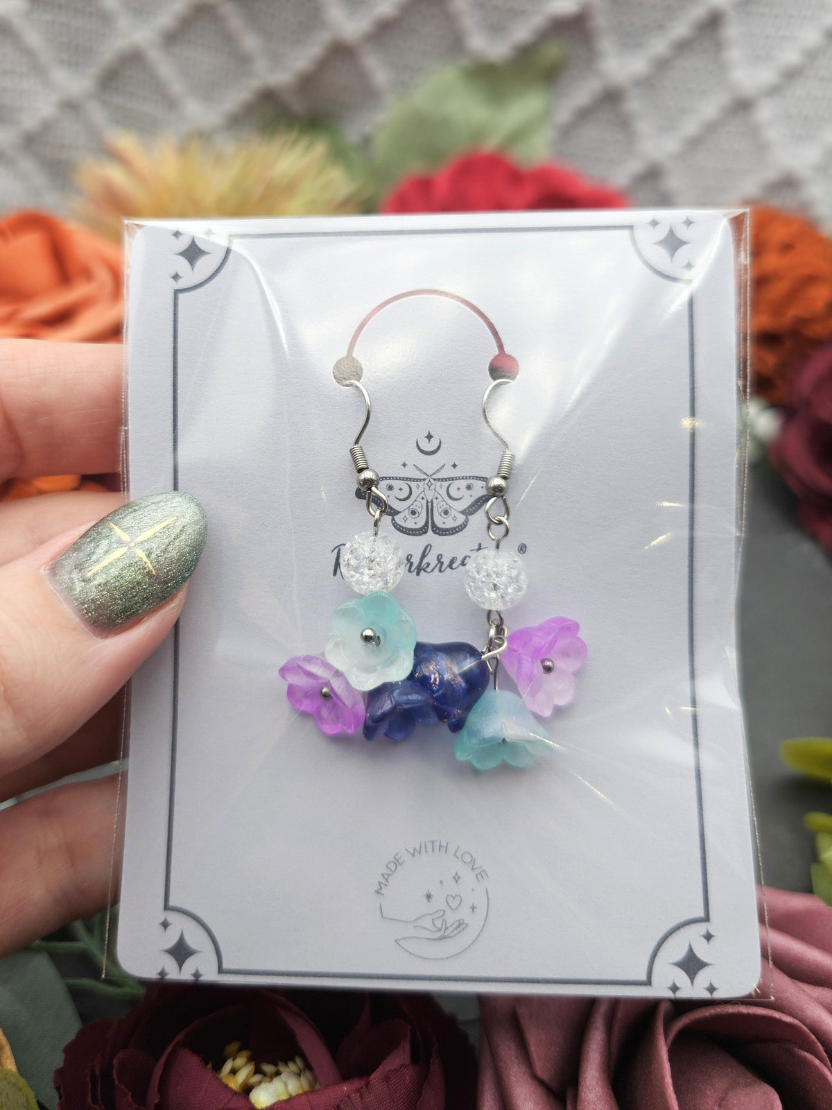 Ohrringe Floral Blau Rosa Mint | Bergkristall | Edelstahl