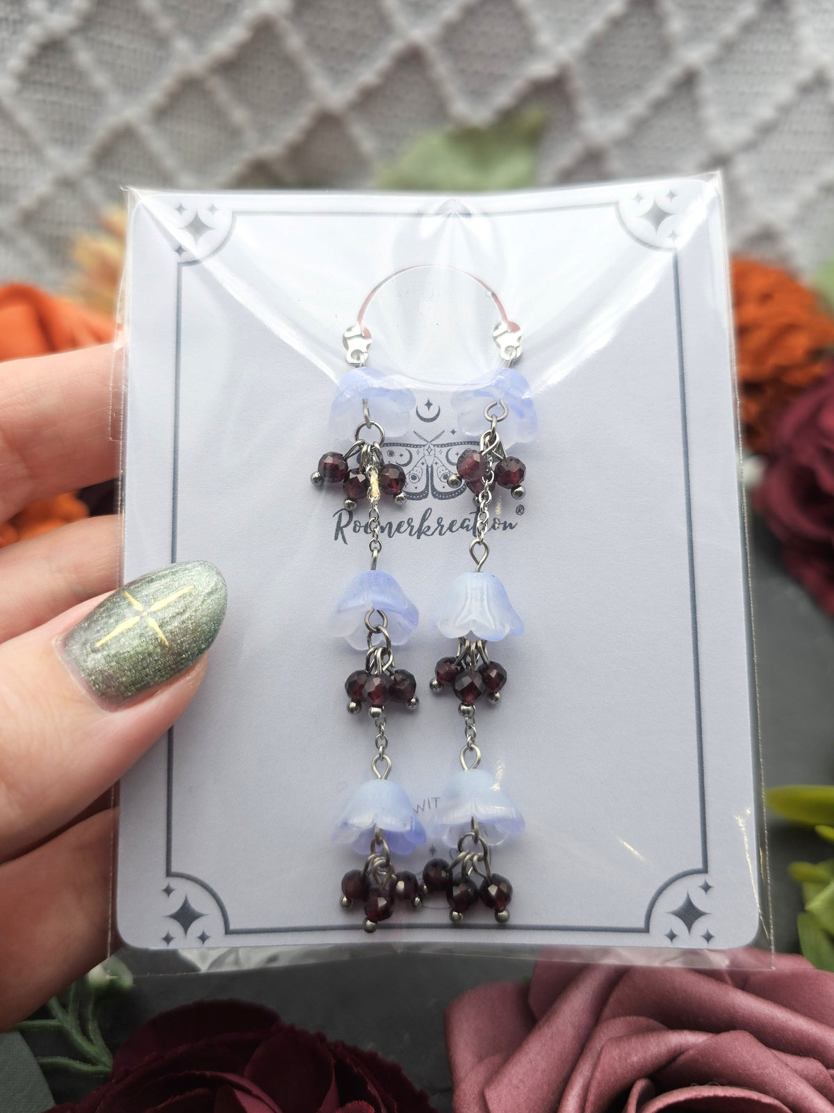 Ohrringe Floral Blau Lang | Granat | Edelstahl